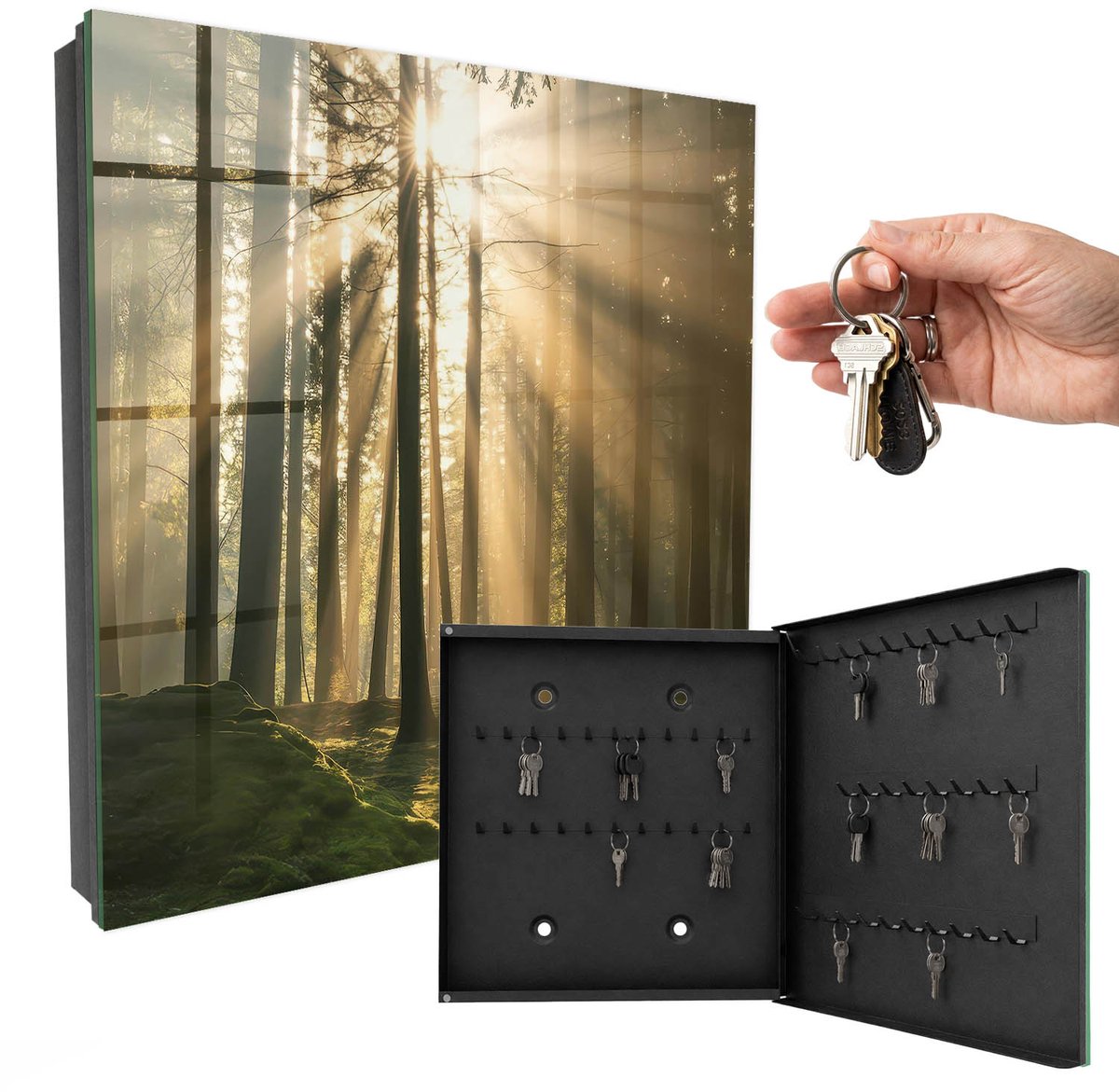 WallMuralia - Sleutelkast - 30x30x5 cm - met 50 haken - Boslicht Sleutelkastje Binnen - Groente Sleutelbox - Rechtsopenend - Zwart interieur