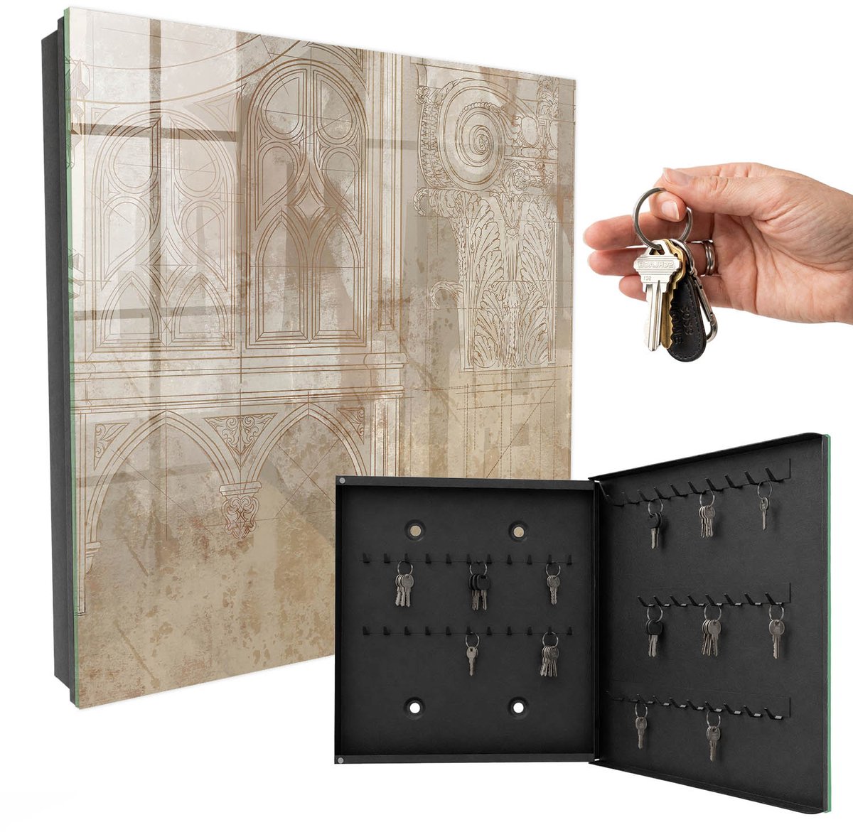 WallMuralia - Sleutelkast - 30x30x5 cm - met 50 haken - Oude Architectuur Sleutelkastje Klein - Beige Sleutelbox - Rechtsopenend - Zwart interieur