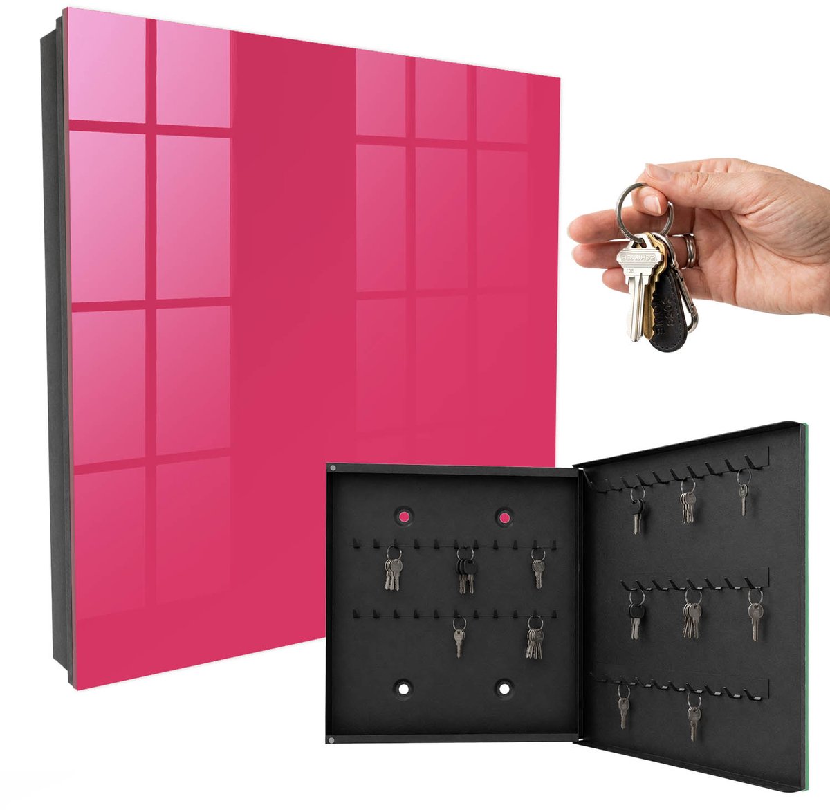WallMuralia - Sleutelkast - 30x30x5 cm - met 50 haken - Energie Roze Sleutelkastje Muur - Roze Sleutelbox - Rechtsopenend - Zwart interieur