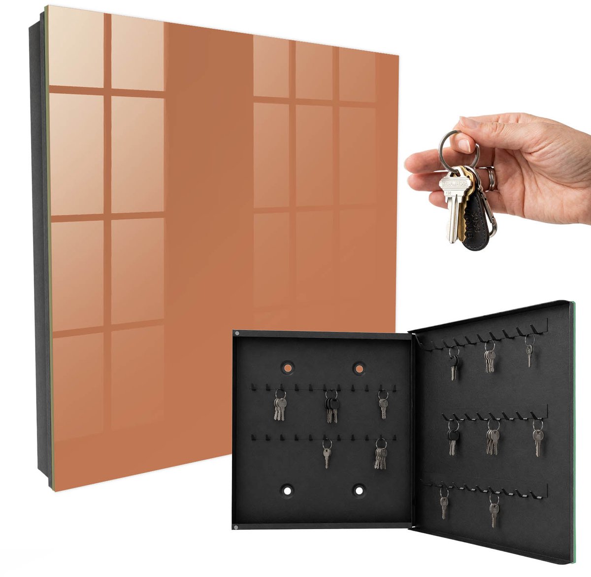 WallMuralia - Sleutelkast - 30x30x5 cm - met 50 haken - Doffe Oranje Sleutelkastje Huis - Oranje Sleutelbox - Rechtsopenend - Zwart interieur