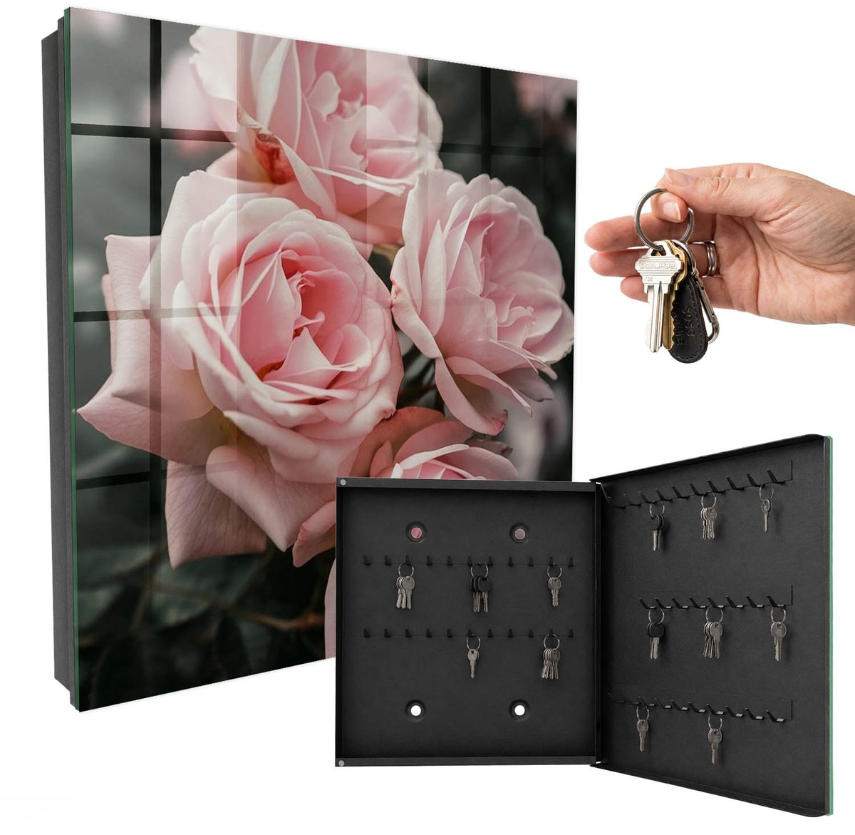 WallMuralia - Sleutelkast - 30x30x5 cm - met 50 haken - Roze Rozen Sleutelkastje Landelijk - Roze Sleutelbox - Rechtsopenend - Zwart interieur