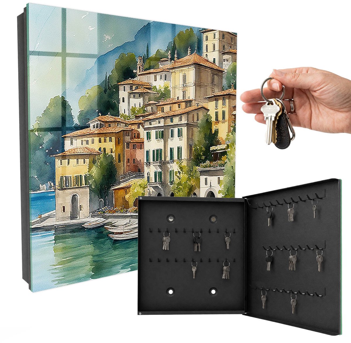WallMuralia - Sleutelkast - 30x30x5 cm - met 50 haken - Italiaans Landschap Sleutelkastje Binnen - Groente Sleutelbox - Rechtsopenend - Zwart interieur