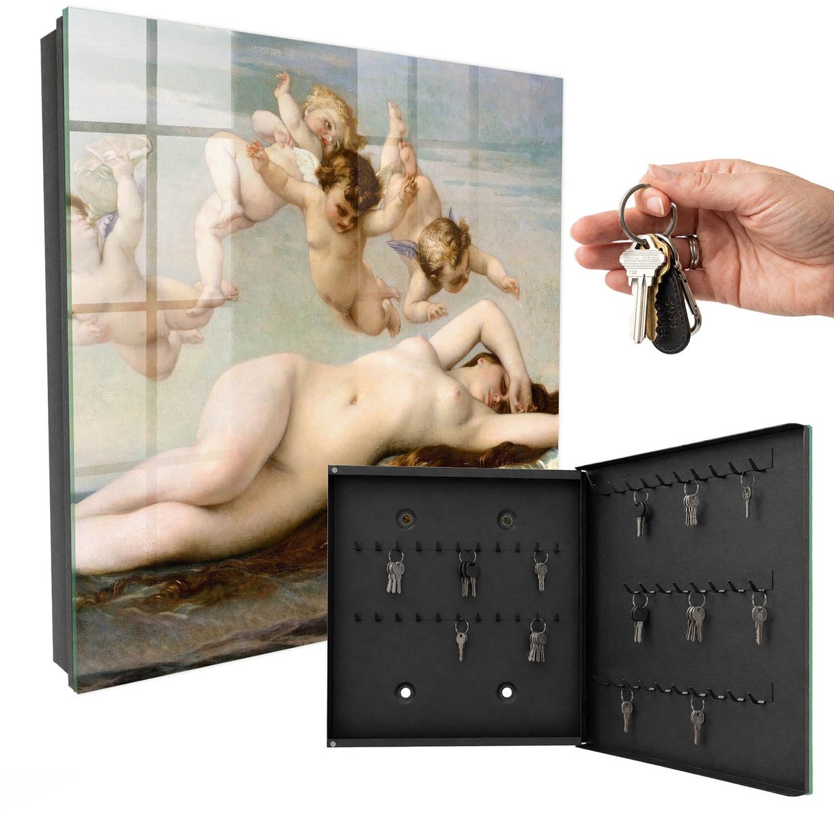 WallMuralia - Sleutelkast - 30x30x5 cm - met 50 haken - De Geboorte Van Venus Door Alexander Cabanel Sleutelkastje Klein - Beige Sleutelbox - Rechtsopenend - Zwart interieur