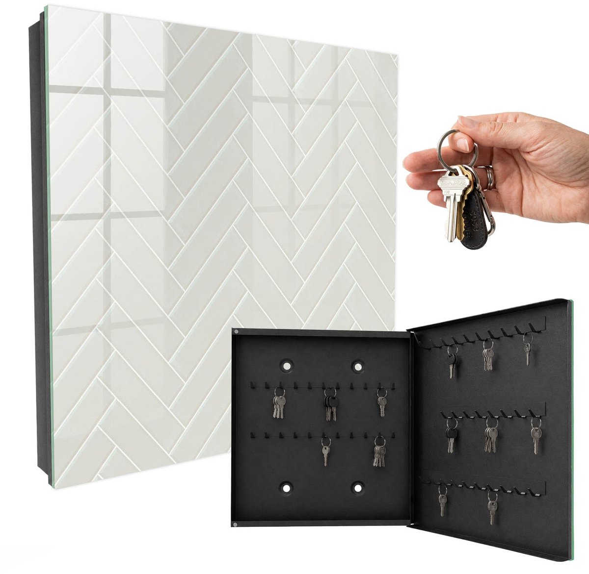 WallMuralia - Sleutelkast - 30x30x5 cm - met 50 haken - Subtiele Visgraat Sleutelkastje Design - Beige Sleutelbox - Rechtsopenend - Zwart interieur