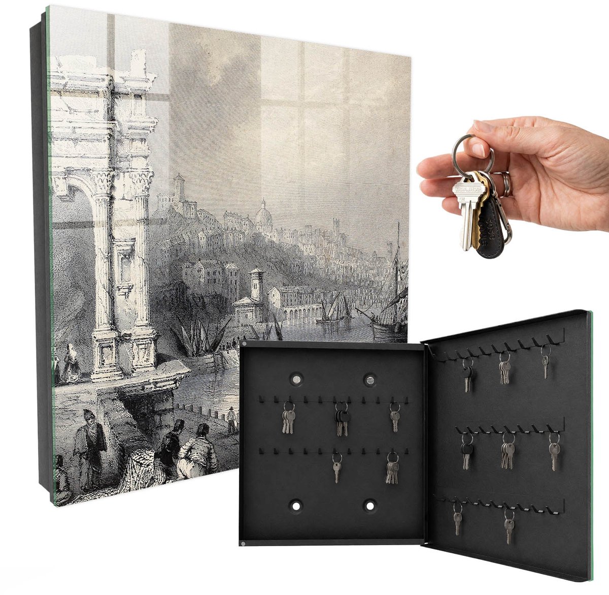 WallMuralia - Sleutelkast - 30x30x5 cm - met 50 haken - De Boog Van Trajanus En De Citadel Van Ancona Sleutelkastje Modern - Grijs Sleutelbox - Rechtsopenend - Zwart interieur