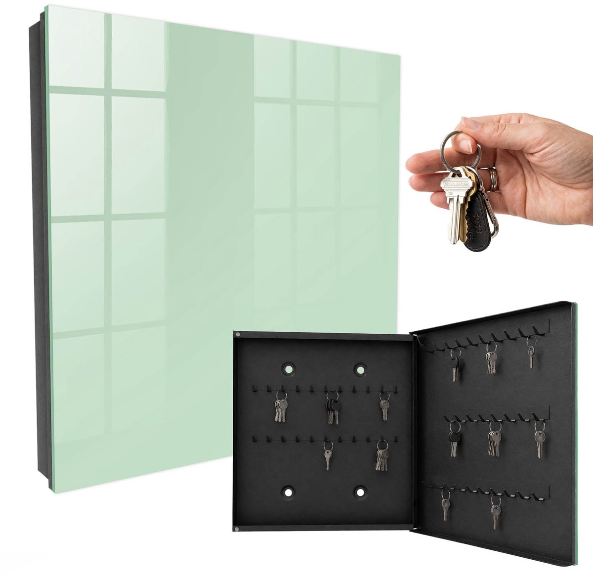 WallMuralia - Sleutelkast - 30x30x5 cm - met 50 haken - Mintgroen Sleutelkastje Voor Binnen - Groente Sleutelbox - Rechtsopenend - Zwart interieur