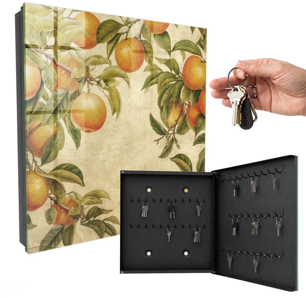 WallMuralia - Sleutelkast - 30x30x5 cm - met 50 haken - Sinaasappels Natuur Sleutelkastje Hal - Oranje Sleutelbox - Rechtsopenend - Zwart interieur