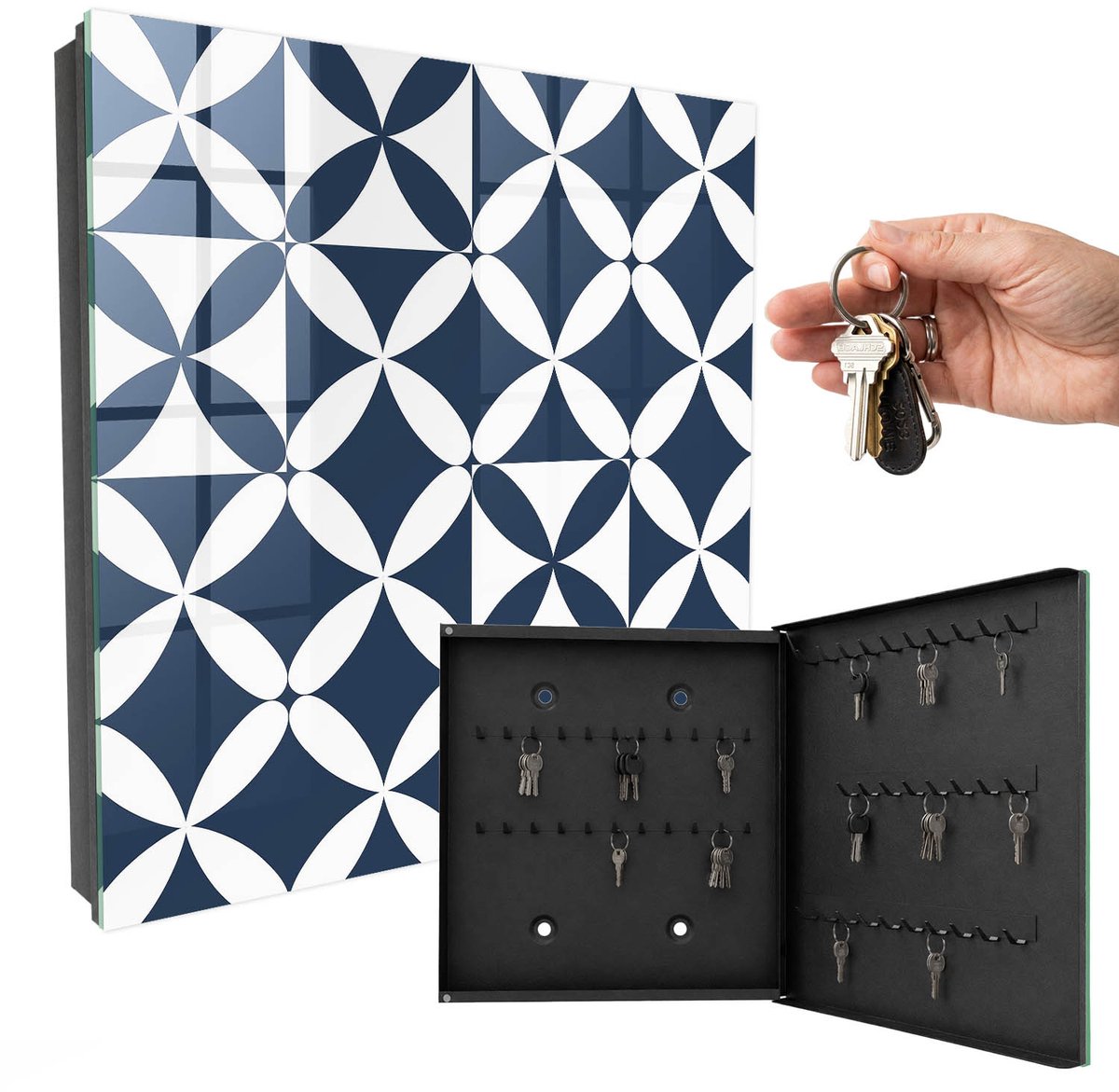 WallMuralia - Sleutelkast - 30x30x5 cm - met 50 haken - Geometrische Elegantie Sleutelkastje Voor Binnen - Marine Sleutelbox - Rechtsopenend - Zwart interieur