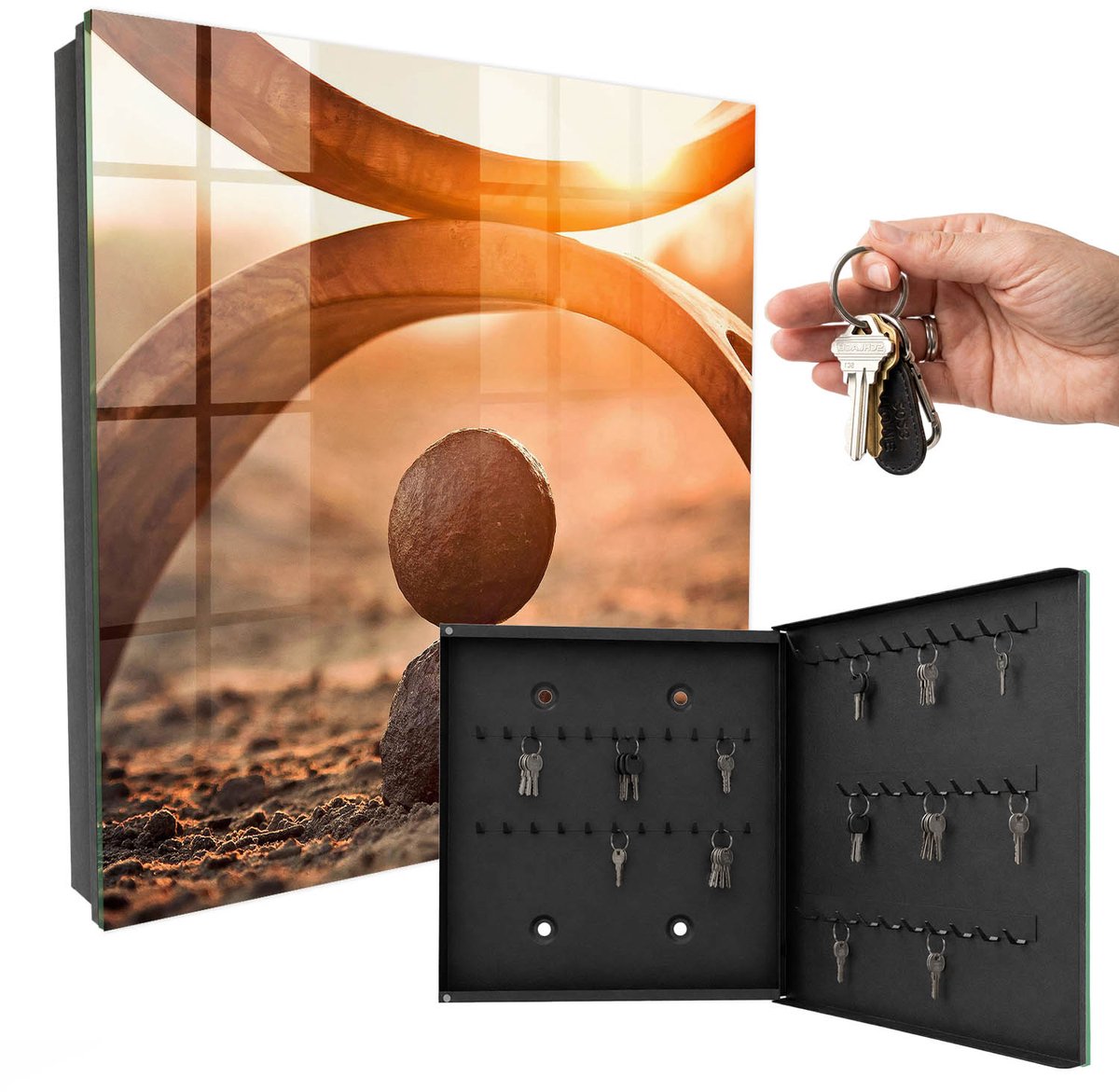 WallMuralia - Sleutelkast - 30x30x5 cm - met 50 haken - Abstracte Harmonie Sleutelkastje Huis - Oranje Sleutelbox - Rechtsopenend - Zwart interieur