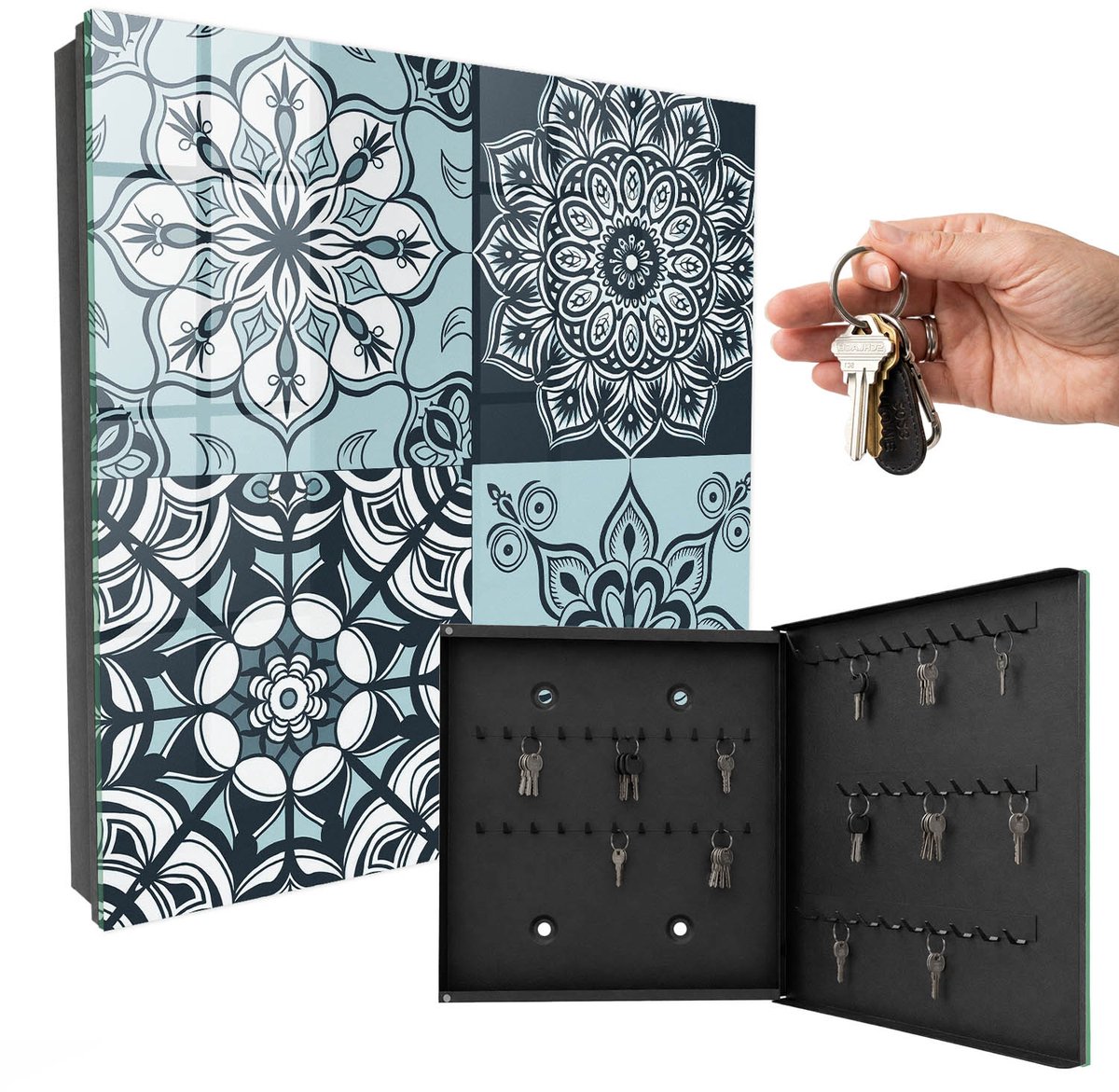 WallMuralia - Sleutelkast - 30x30x5 cm - met 50 haken - Geometrische Patronen Leuk Sleutelkastje - Blauw Sleutelbox - Rechtsopenend - Zwart interieur