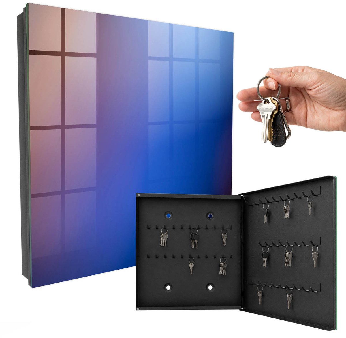 WallMuralia - Sleutelkast - 30x30x5 cm - met 50 haken - Kleurrijke Abstractie Sleutelkastje Muur - Blauw Sleutelbox - Rechtsopenend - Zwart interieur