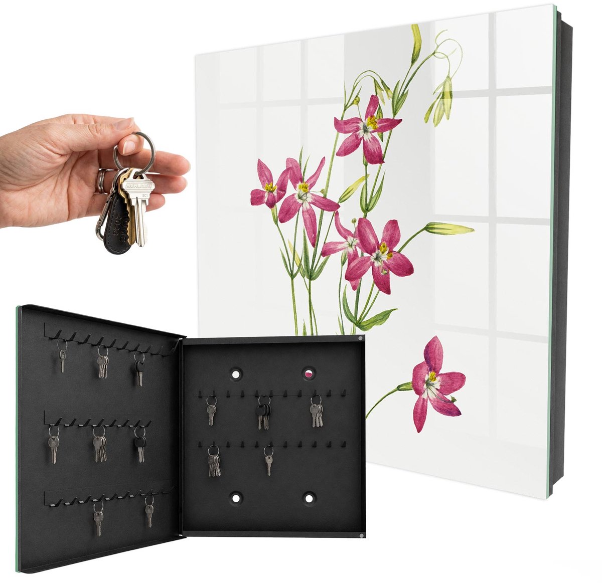 WallMuralia - Sleutelkast - 30x30x5 cm - met 50 haken - Roze Bloemen Sleutelkastje Gang - Roze Sleutelbox - Linksopenend - Zwart interieur