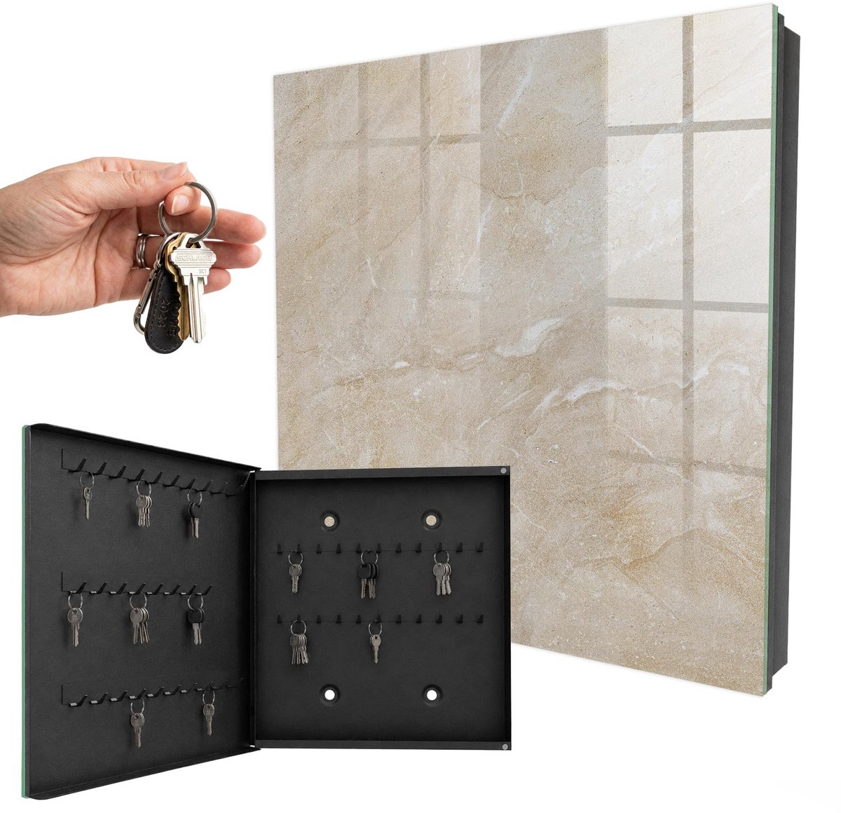 WallMuralia - Sleutelkast - 30x30x5 cm - met 50 haken - Minerale Elegantie Sleutelkastje Design - Beige Sleutelbox - Linksopenend - Zwart interieur