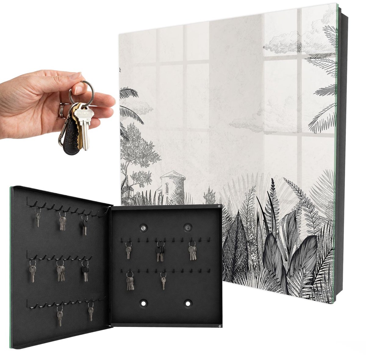 WallMuralia - Sleutelkast - 30x30x5 cm - met 50 haken - Tropisch Landschap Sleutelkastje Gang - Grijs Sleutelbox - Linksopenend - Zwart interieur