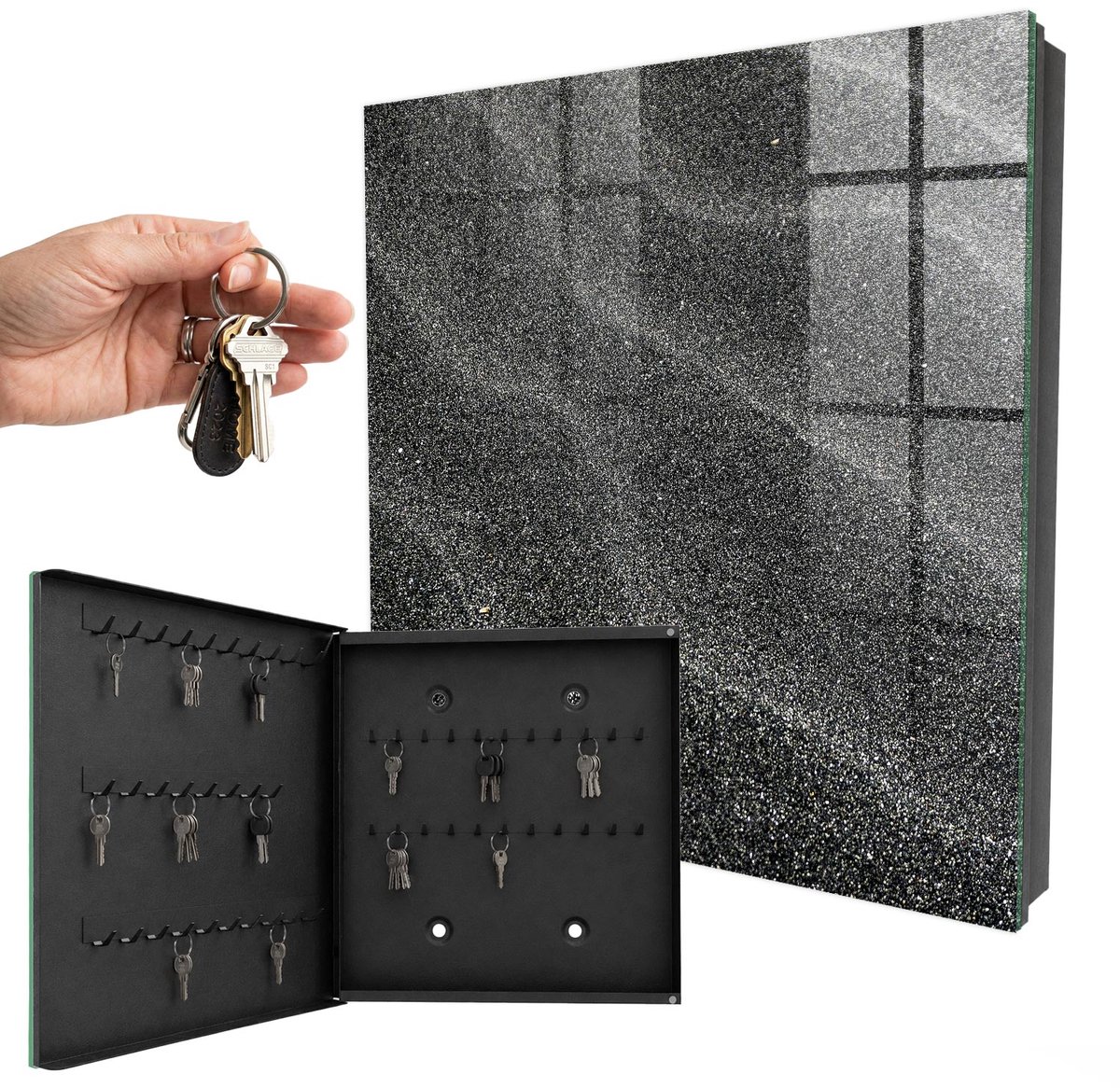 WallMuralia - Sleutelkast - 30x30x5 cm - met 50 haken - Glinsterende Golven Sleutelkastje Design - Zwart Sleutelbox - Linksopenend - Zwart interieur
