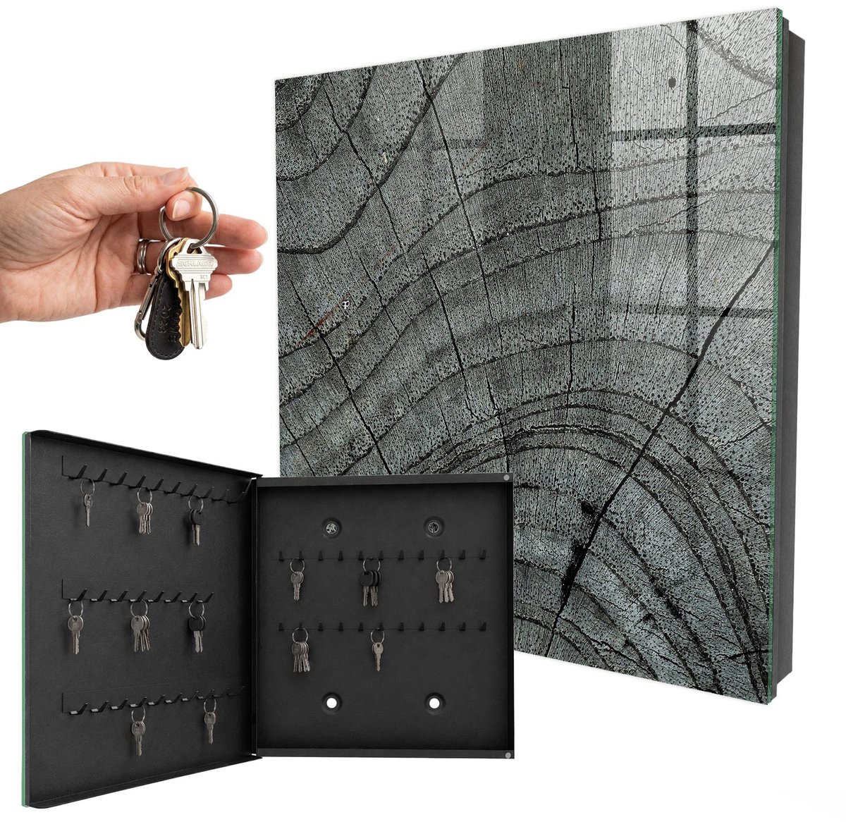 WallMuralia - Sleutelkast - 30x30x5 cm - met 50 haken - Jaarringen Van Bomen Sleutelkastje Modern - Grijs Sleutelbox - Linksopenend - Zwart interieur