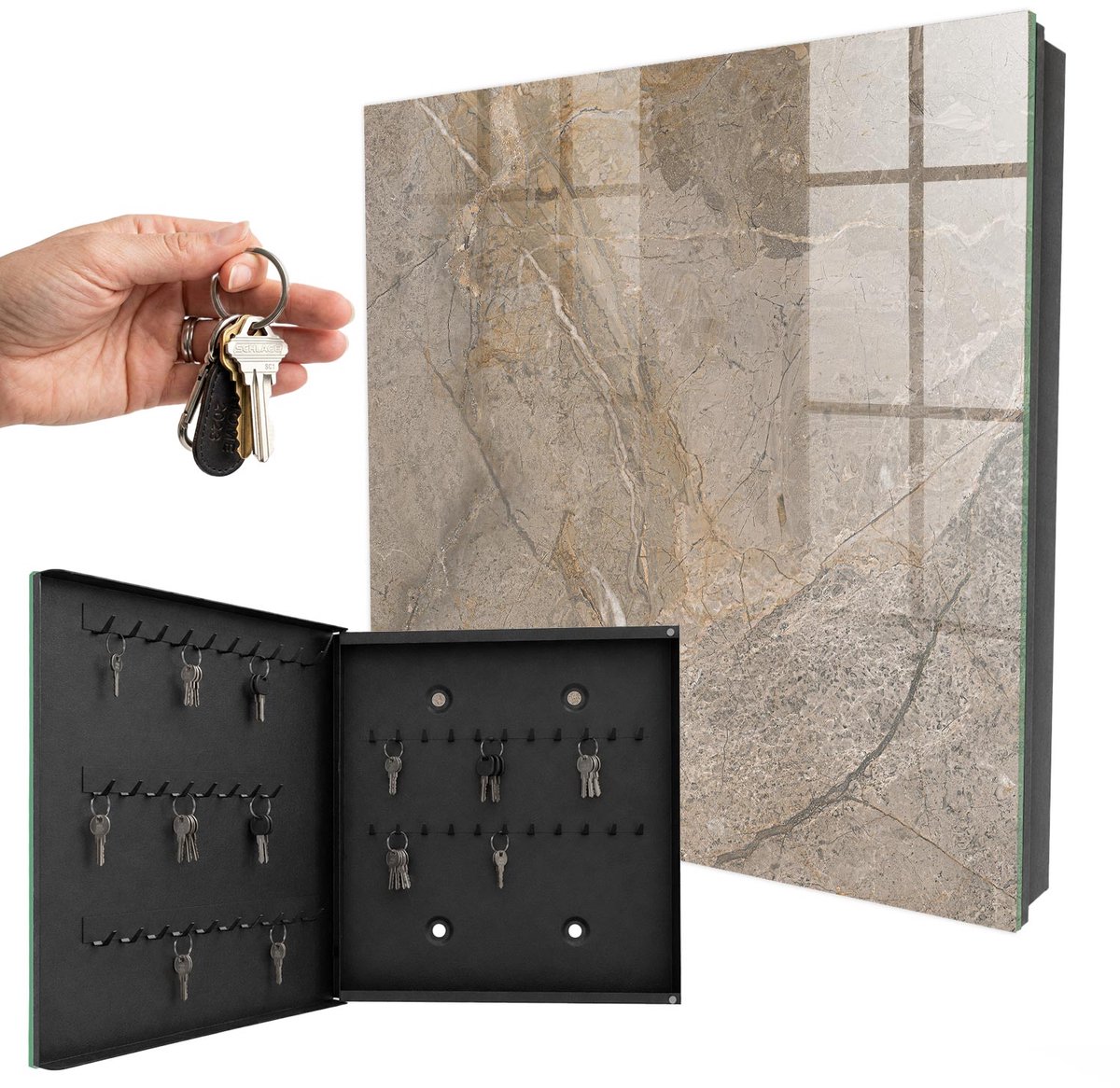 WallMuralia - Sleutelkast - 30x30x5 cm - met 50 haken - Natuurlijke Structuur Sleutelkastje Modern - Grijs Sleutelbox - Linksopenend - Zwart interieur