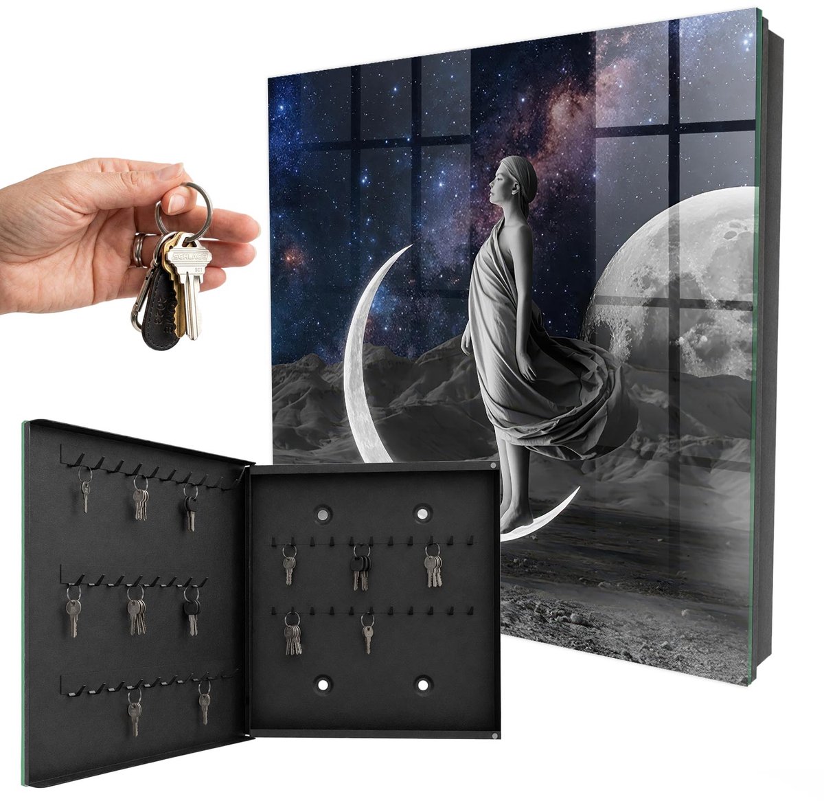 WallMuralia - Sleutelkast - 30x30x5 cm - met 50 haken - Ruimtefantasie Sleutelkastje Landelijk - Marine Sleutelbox - Linksopenend - Zwart interieur