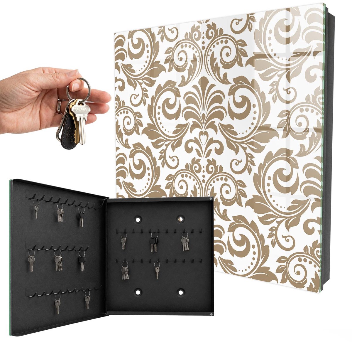 WallMuralia - Sleutelkast - 30x30x5 cm - met 50 haken - Bloemenornament Sleutelkastje Huis - Bruin Sleutelbox - Linksopenend - Zwart interieur
