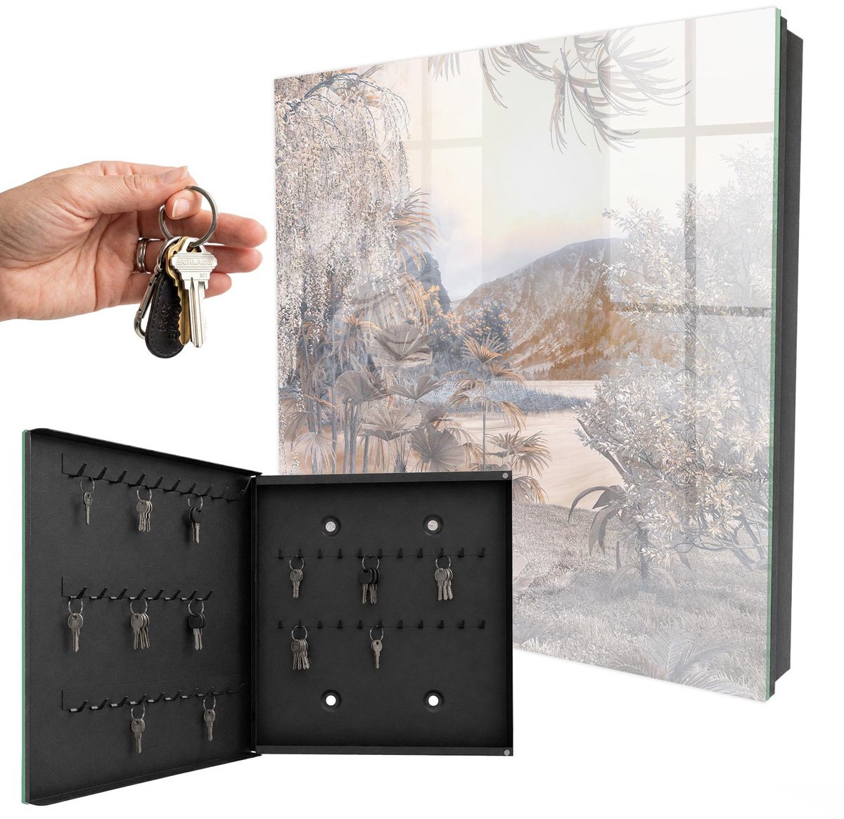 WallMuralia - Sleutelkast - 30x30x5 cm - met 50 haken - Bergvrede Groot Sleutelkastje - Beige Sleutelbox - Linksopenend - Zwart interieur