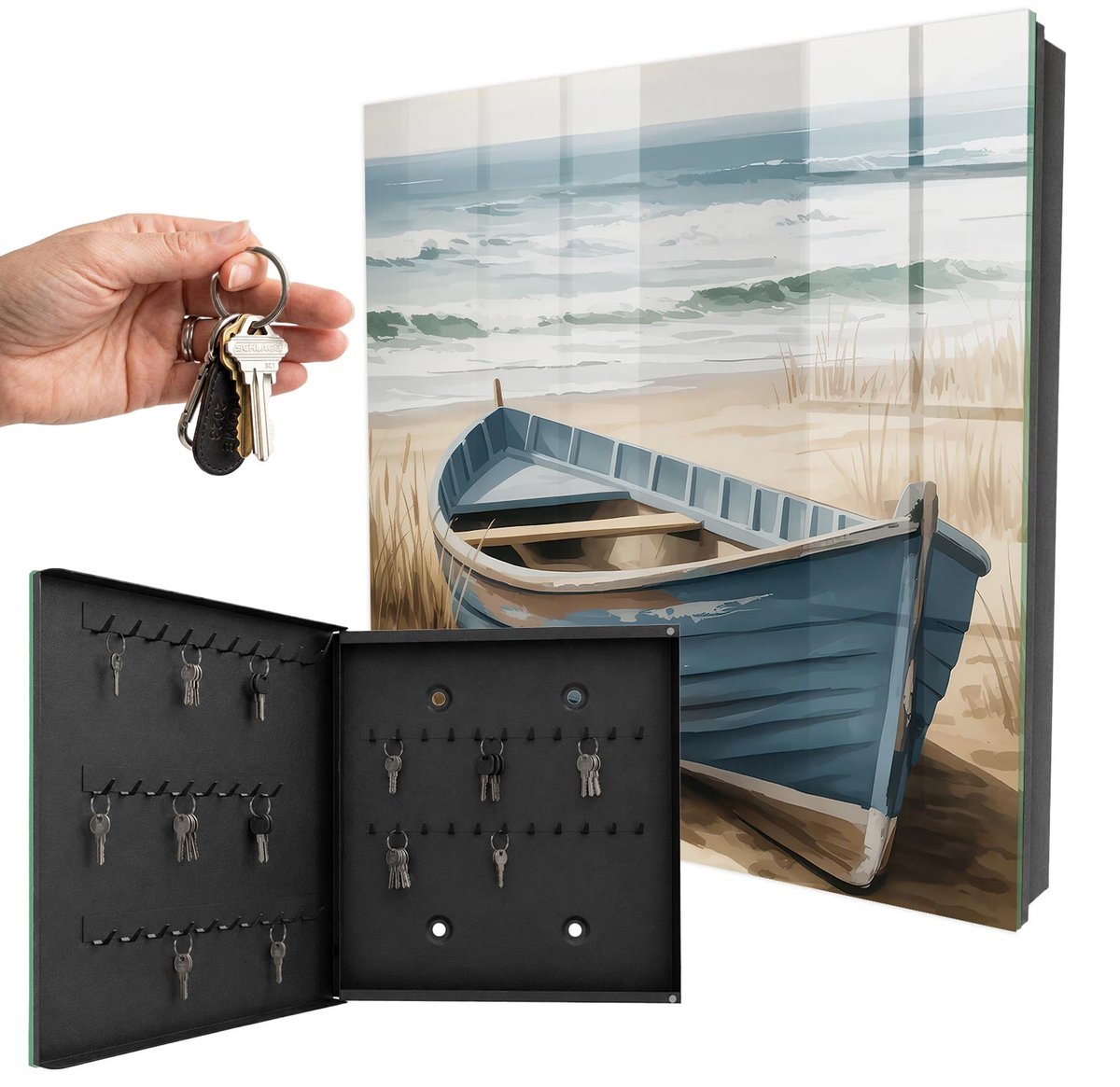 WallMuralia - Sleutelkast - 30x30x5 cm - met 50 haken - Strandboot Sleutelkastje Industrieel - Blauw Sleutelbox - Linksopenend - Zwart interieur