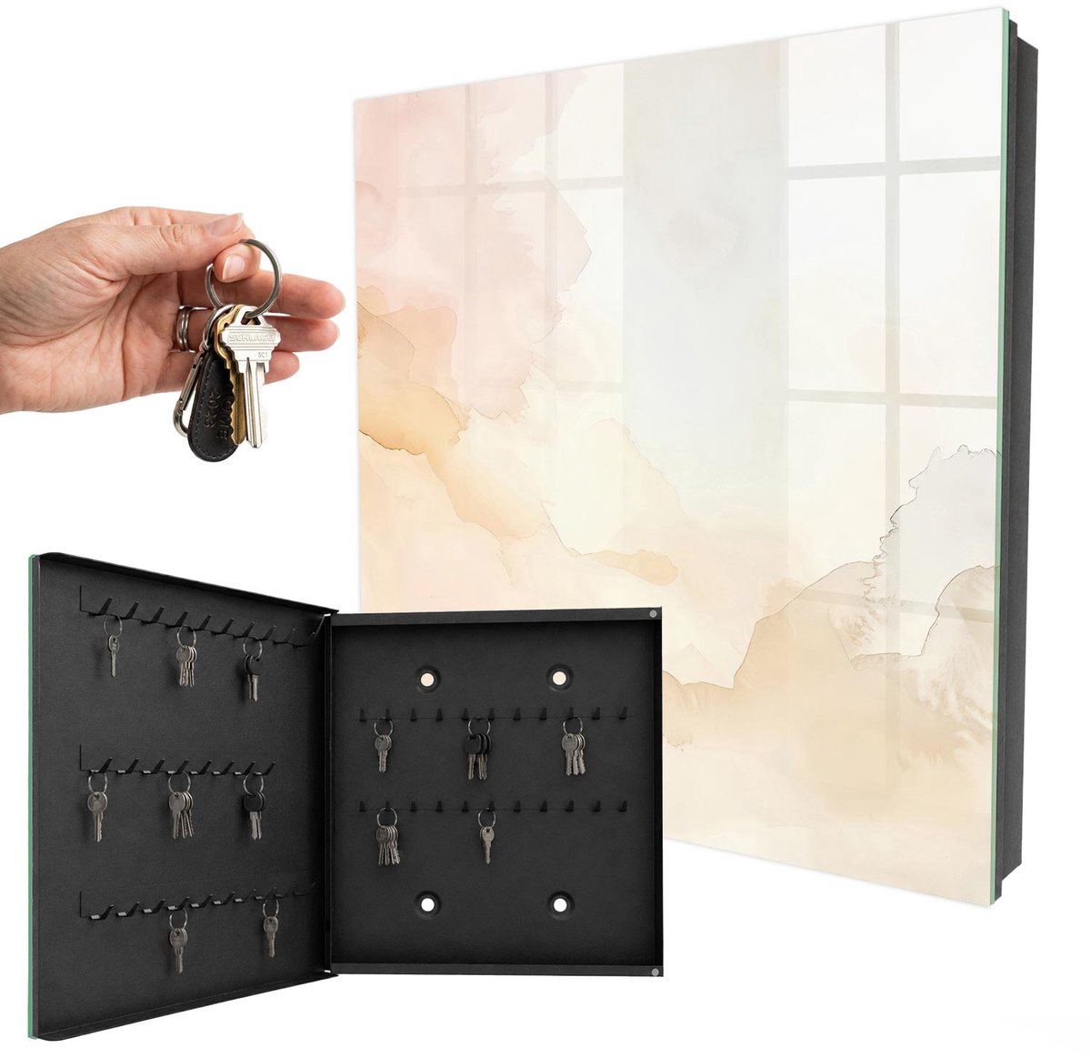 WallMuralia - Sleutelkast - 30x30x5 cm - met 50 haken - Lichtlandschap Sleutelkastje Design - Romig Sleutelbox - Linksopenend - Zwart interieur