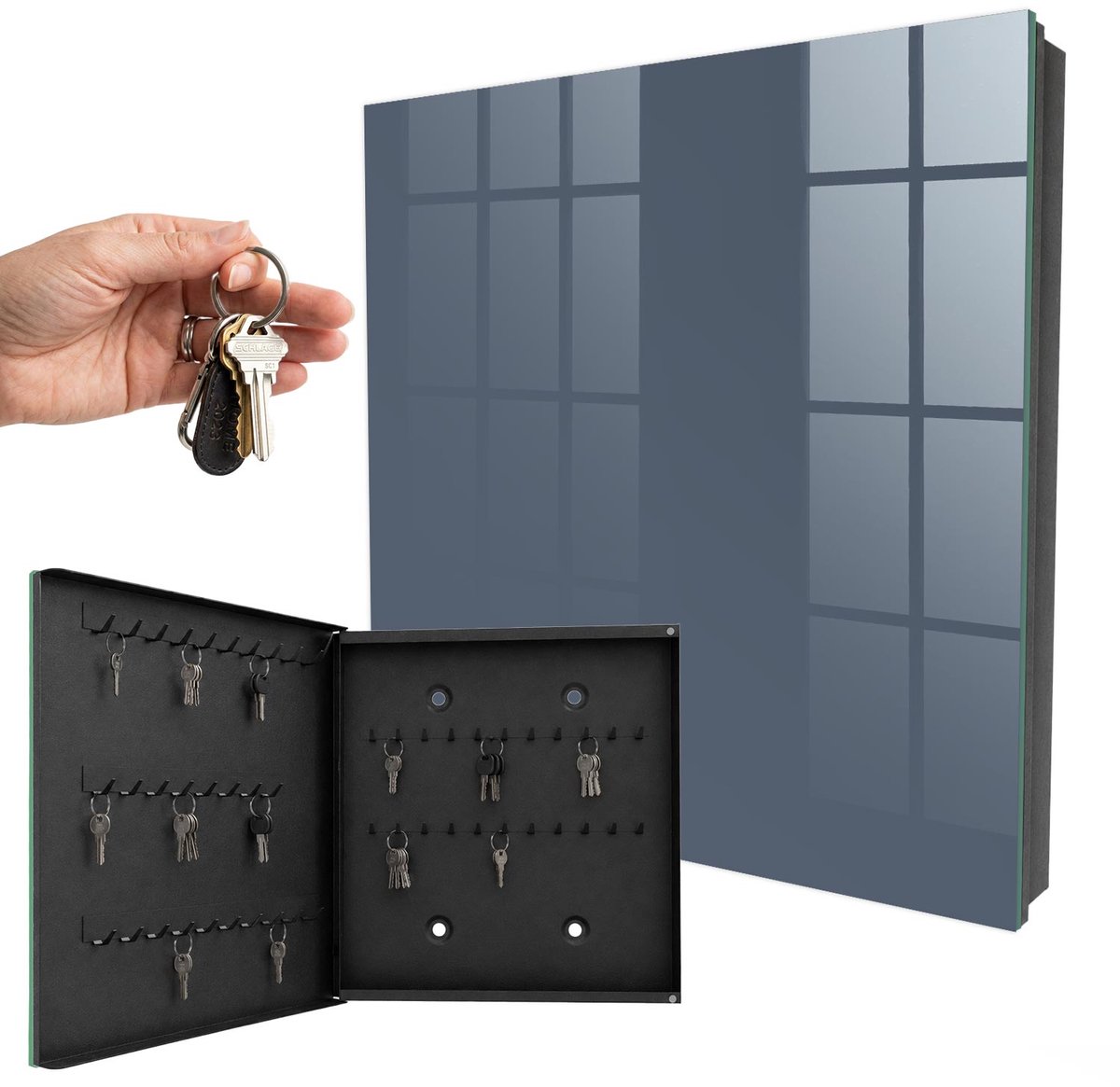WallMuralia - Sleutelkast - 30x30x5 cm - met 50 haken - Koelgrijs Sleutelkastje Industrieel - Grijs Sleutelbox - Linksopenend - Zwart interieur