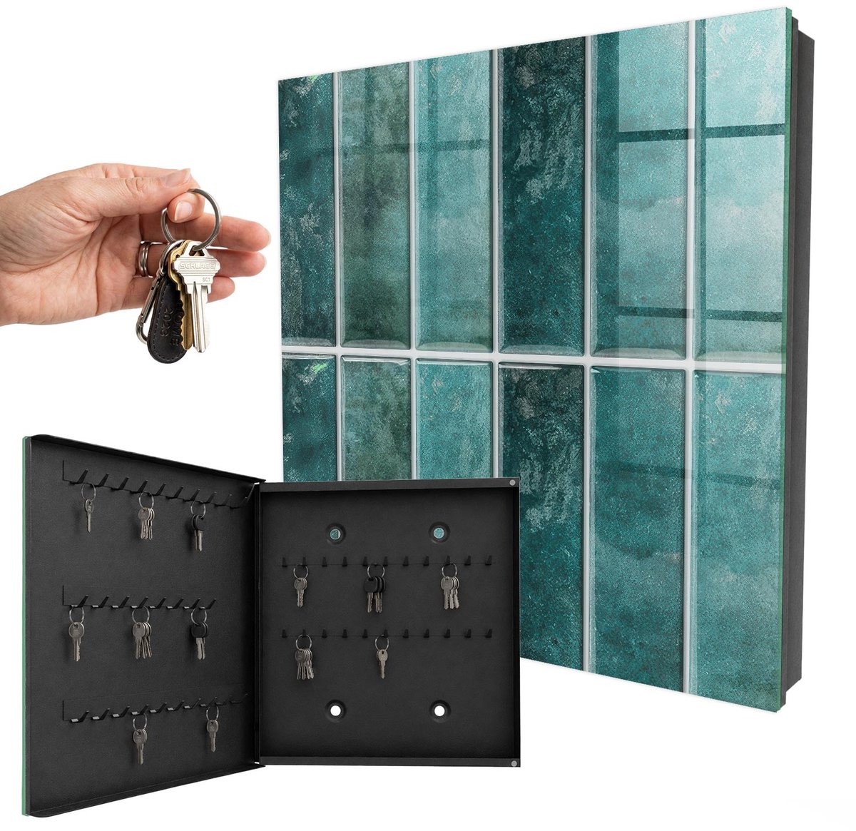 WallMuralia - Sleutelkast - 30x30x5 cm - met 50 haken - Turkooizen Tegels Sleutelkastje Binnen - Turkoois Sleutelbox - Linksopenend - Zwart interieur