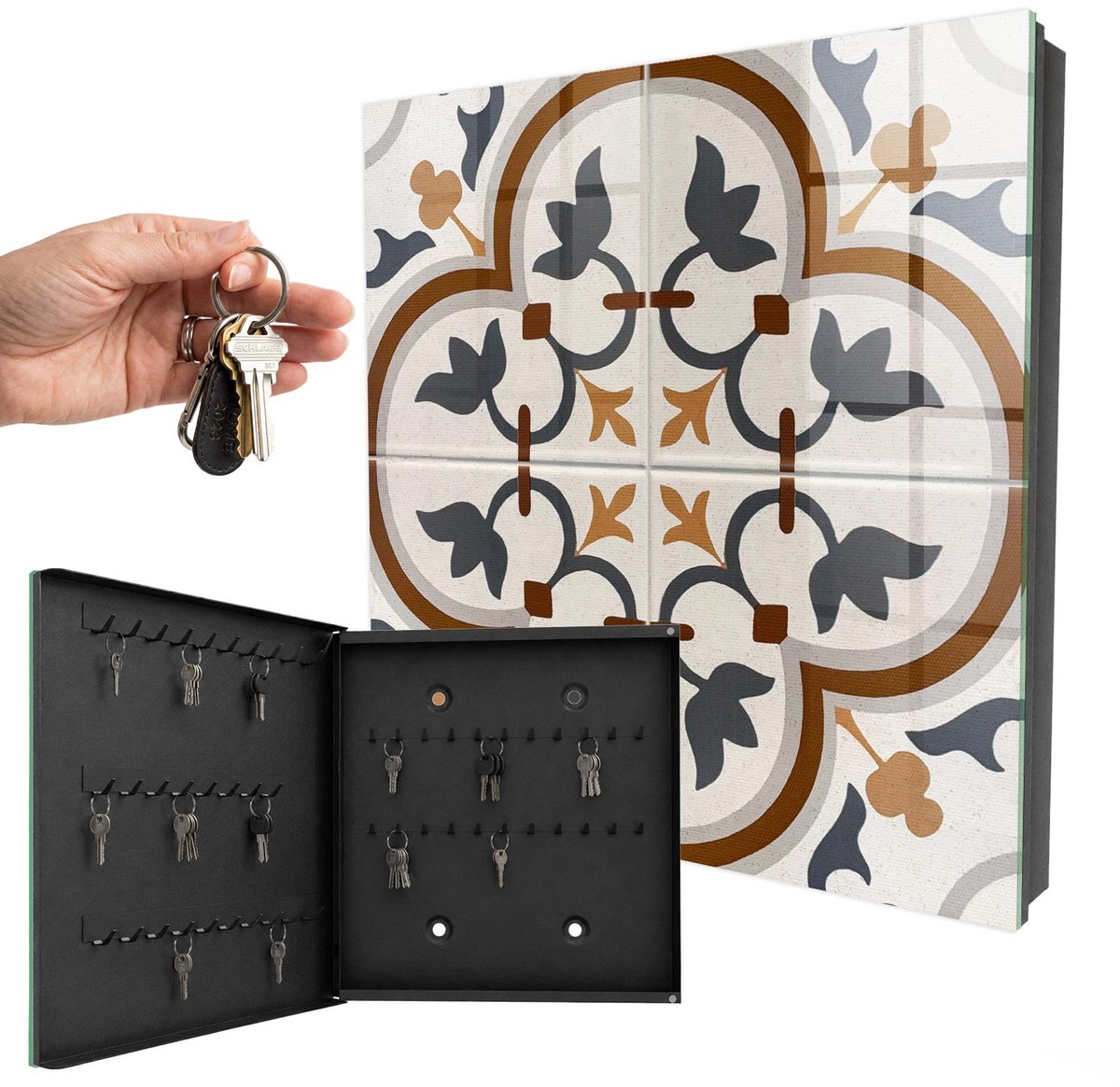 WallMuralia - Sleutelkast - 30x30x5 cm - met 50 haken - Geometrische Elegantie Groot Sleutelkastje - Beige Sleutelbox - Linksopenend - Zwart interieur