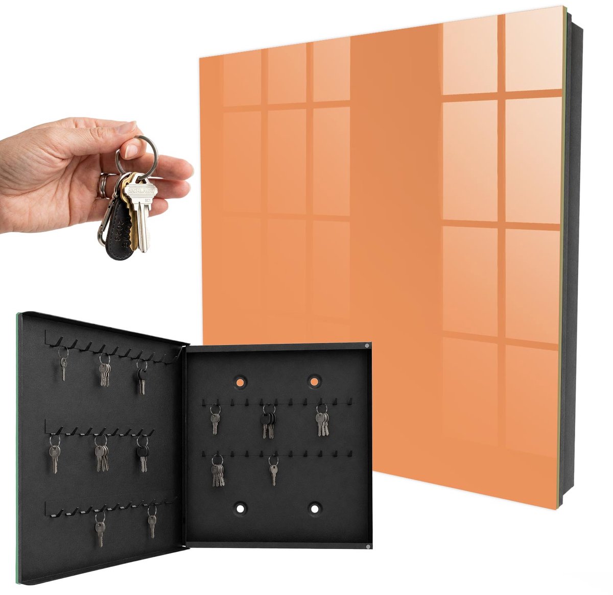 WallMuralia - Sleutelkast - 30x30x5 cm - met 50 haken - Pastel Oranje Sleutelkastje Industrieel - Oranje Sleutelbox - Linksopenend - Zwart interieur