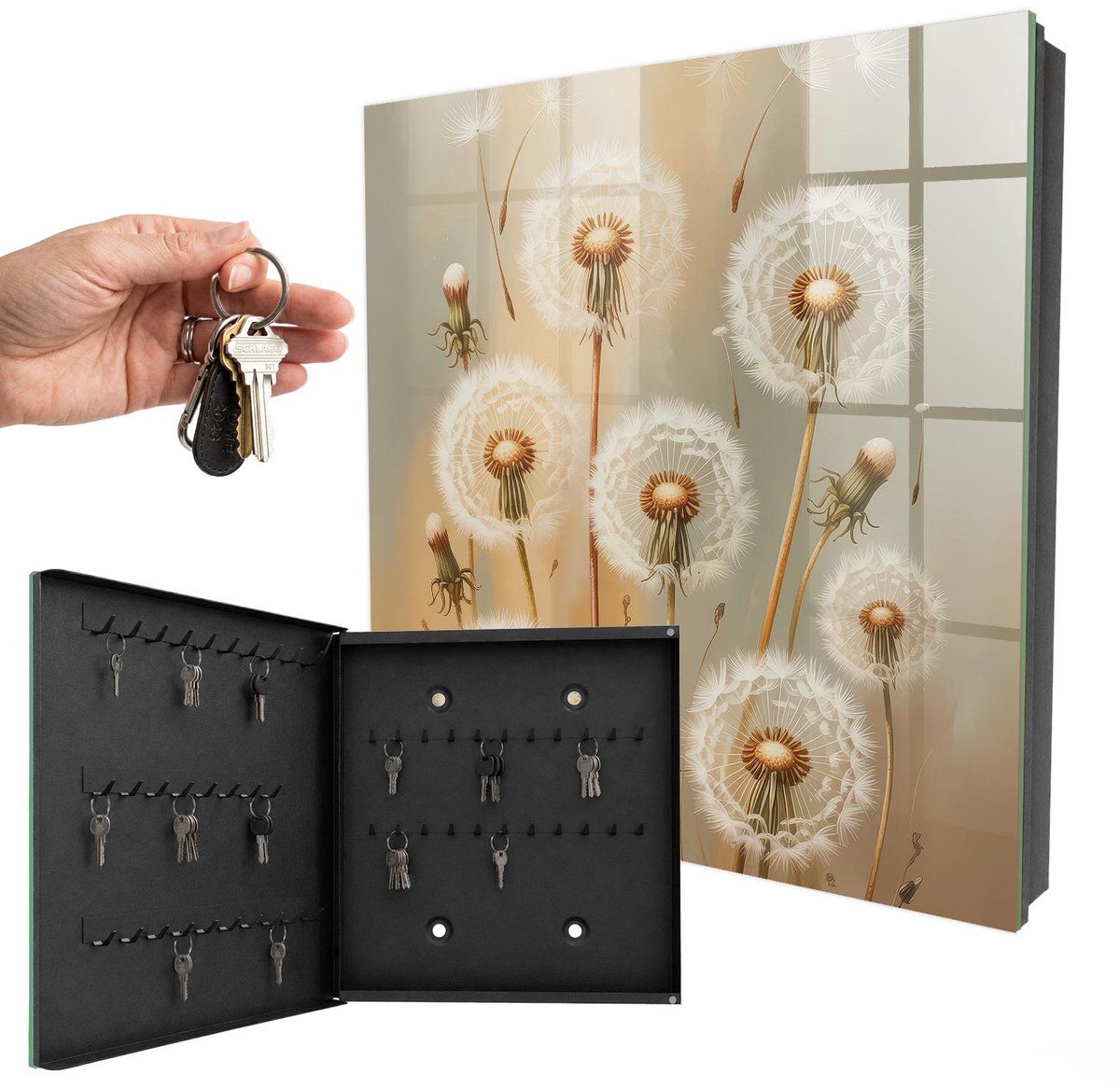 WallMuralia - Sleutelkast - 30x30x5 cm - met 50 haken - De Schoonheid Van Paardenbloemen Groot Sleutelkastje - Wit Sleutelbox - Linksopenend - Zwart interieur