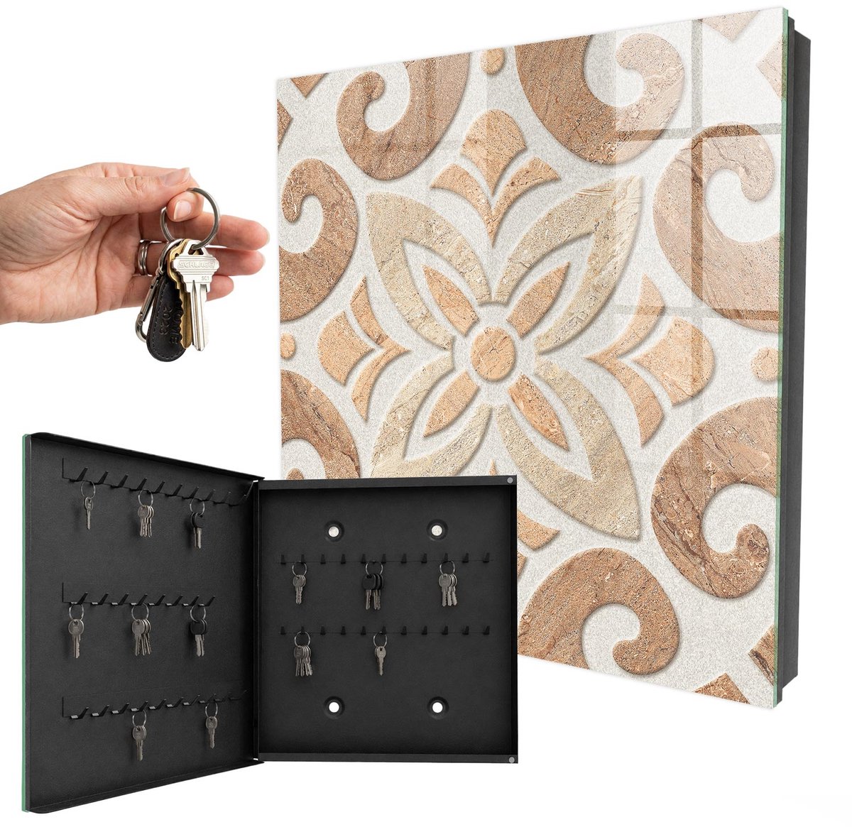 WallMuralia - Sleutelkast - 30x30x5 cm - met 50 haken - Beige Elegantie Sleutelkastje - Beige Sleutelbox - Linksopenend - Zwart interieur
