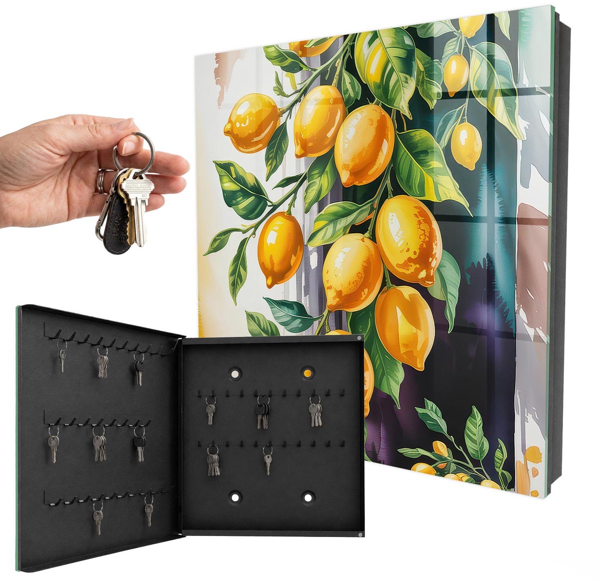 WallMuralia - Sleutelkast - 30x30x5 cm - met 50 haken - Citroen Charm Sleutelkastje Muur - Geel Sleutelbox - Linksopenend - Zwart interieur