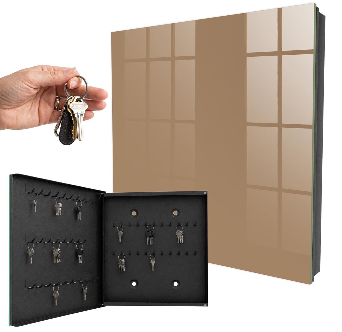 WallMuralia - Sleutelkast - 30x30x5 cm - met 50 haken - Donkeroranje Sleutelkastje Klein - Oranje Sleutelbox - Linksopenend - Zwart interieur