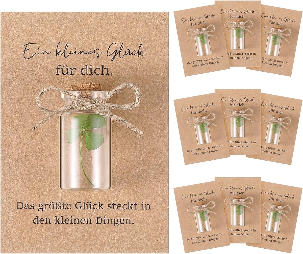 20 Sets Geluksbedels 20 Echte Klavertjesvier in Een Glazen Pot en 20 Gelukskaartjes Klein Cadeautje Voor Geluk Wensvervuller Voor Kerstmis en Verjaardagen