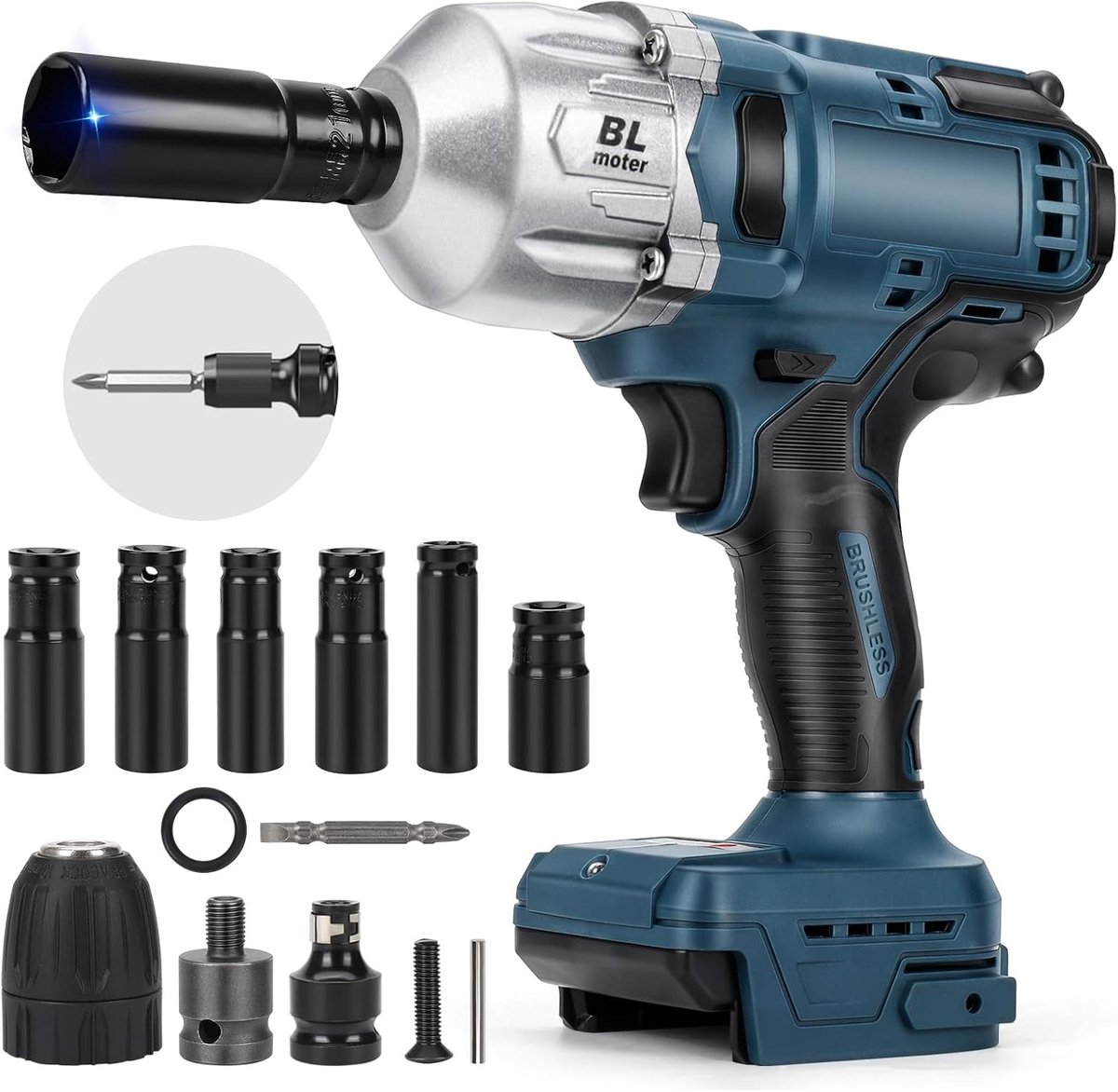 Draadloze Slagmoersleutel 18V met Borstelloze Motor, Inclusief 6 Opzetstukken en Compatibel met AMPShare Batterijen