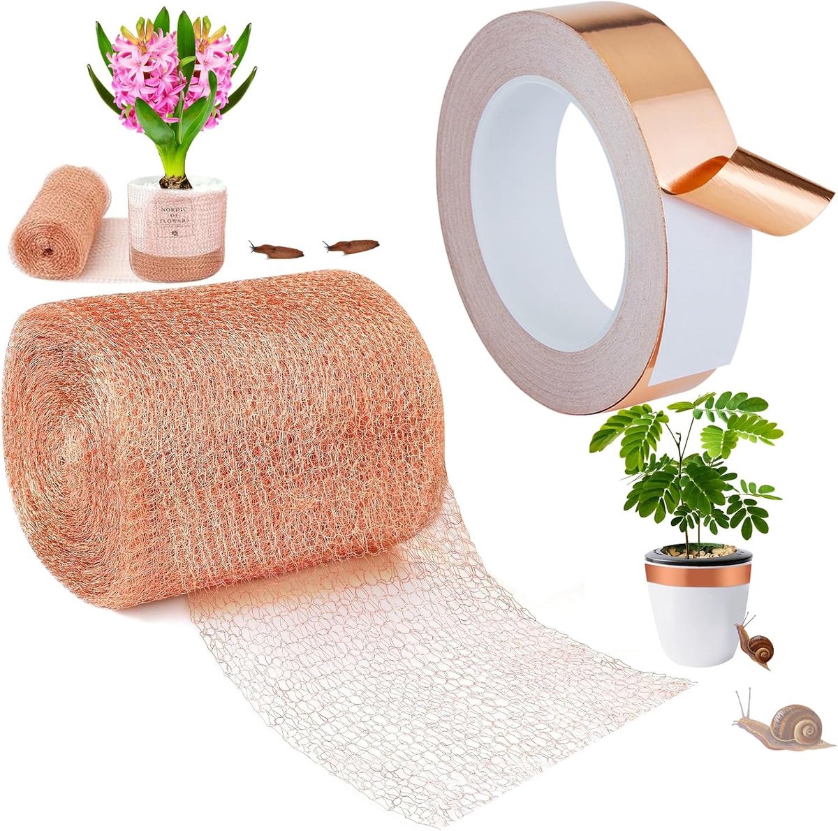12,7 cm x 6 m, net van koper en 20 mm x 10 m, koperband, dubbele bescherming tegen slakken, voor tuinbescherming, knaagdieren en insectenpreventie