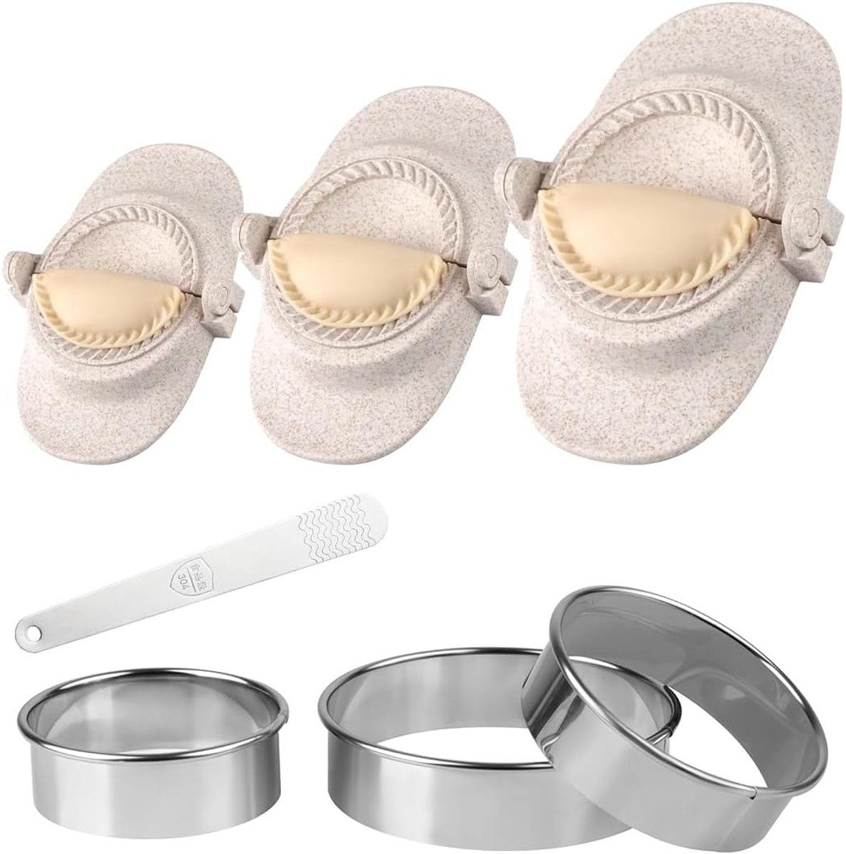 Maker & Dumpling Maker Set met Deesnijder [3 maten], Empanadas, Gyoza, Maultaschen, deegvormer, Ravioli Vorm, Weizenstroh Materiaal Vorm - Klein 7cm, Middel 8cm, Groot 11cm