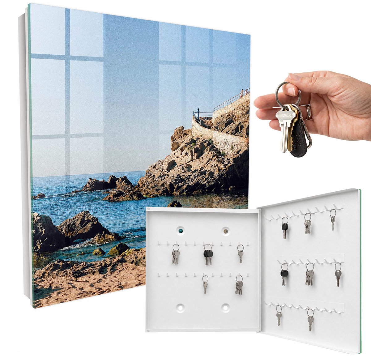 WallMuralia - Sleutelkast - 30x30x5 cm - met 50 haken - Kustlandschap Sleutelkastje Klein - Blauw Sleutelbox - Rechtsopenend - Wit interieur