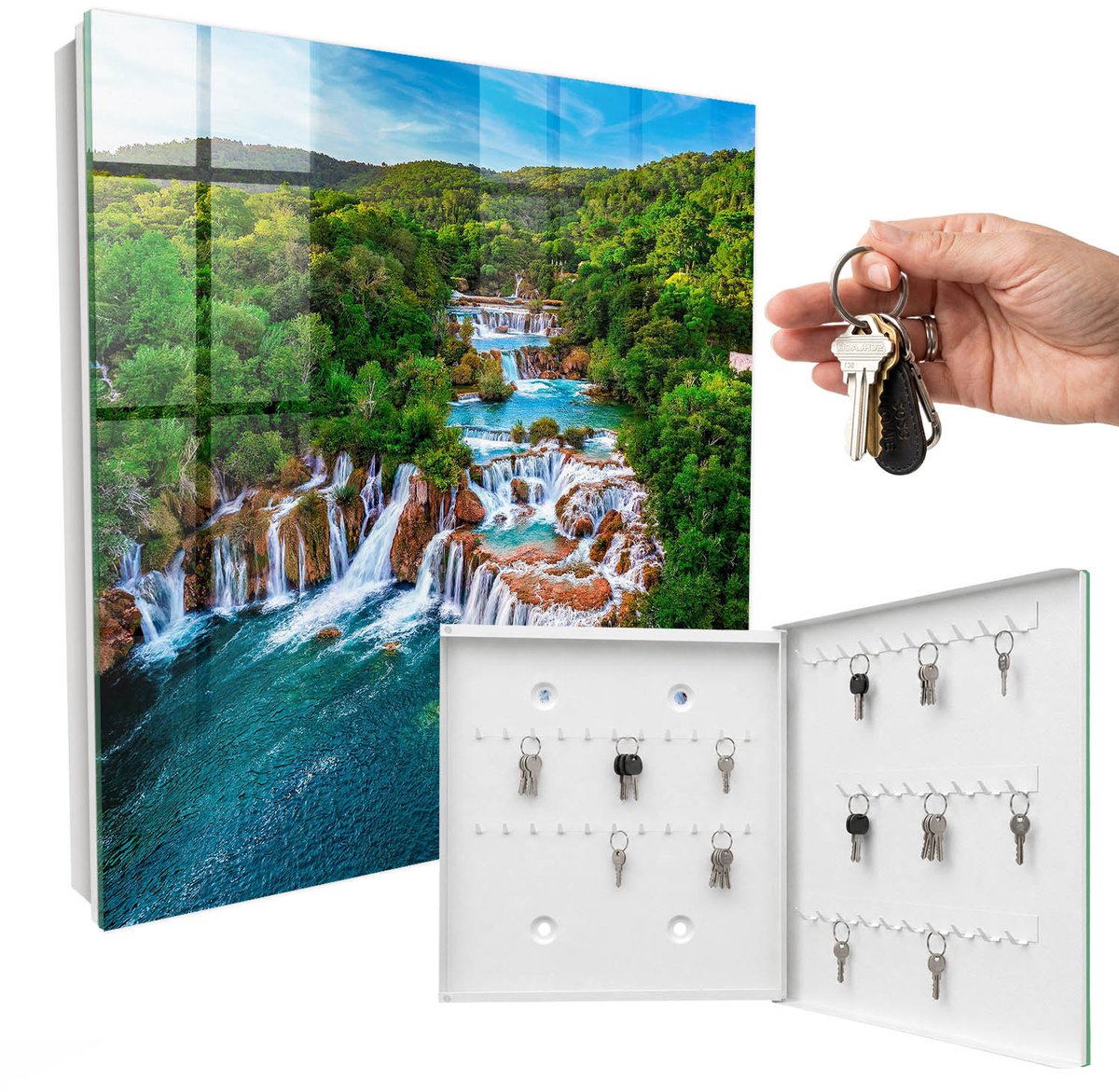 WallMuralia - Sleutelkast - 30x30x5 cm - met 50 haken - Natuurlijke Watervallen Sleutelkastje Muur - Groente Sleutelbox - Rechtsopenend - Wit interieur