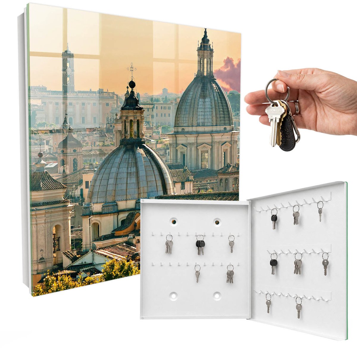 WallMuralia - Sleutelkast - 30x30x5 cm - met 50 haken - Stadspanorama Sleutelkastje Hal - Beige Sleutelbox - Rechtsopenend - Wit interieur