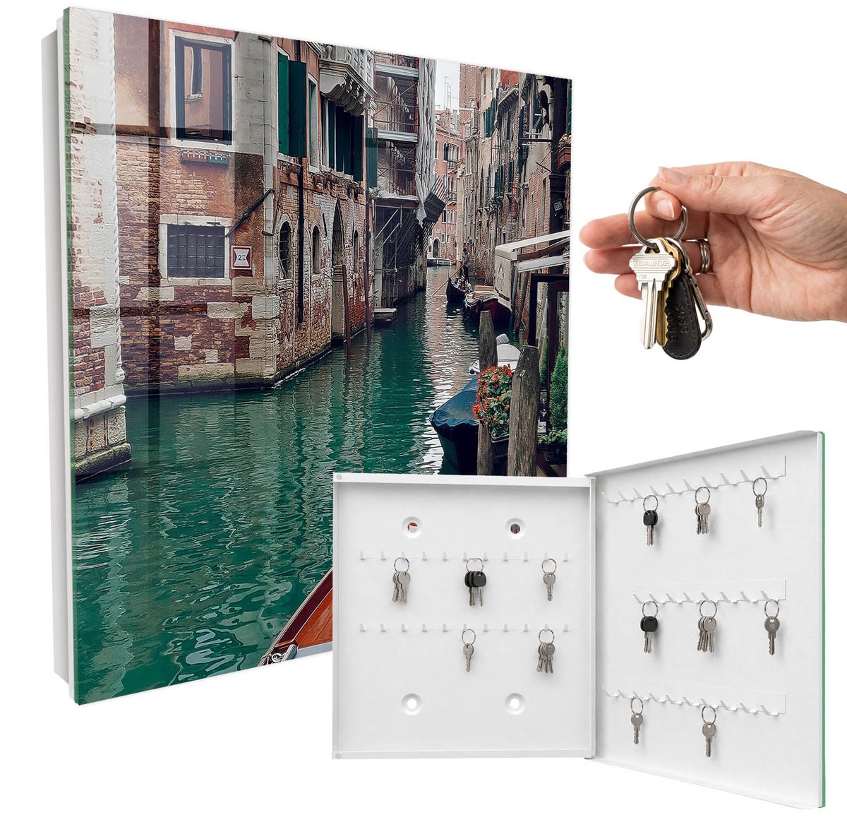 WallMuralia - Sleutelkast - 30x30x5 cm - met 50 haken - Romantisch Venetië Sleutelkastje Voor Binnen - Bruin Sleutelbox - Rechtsopenend - Wit interieur