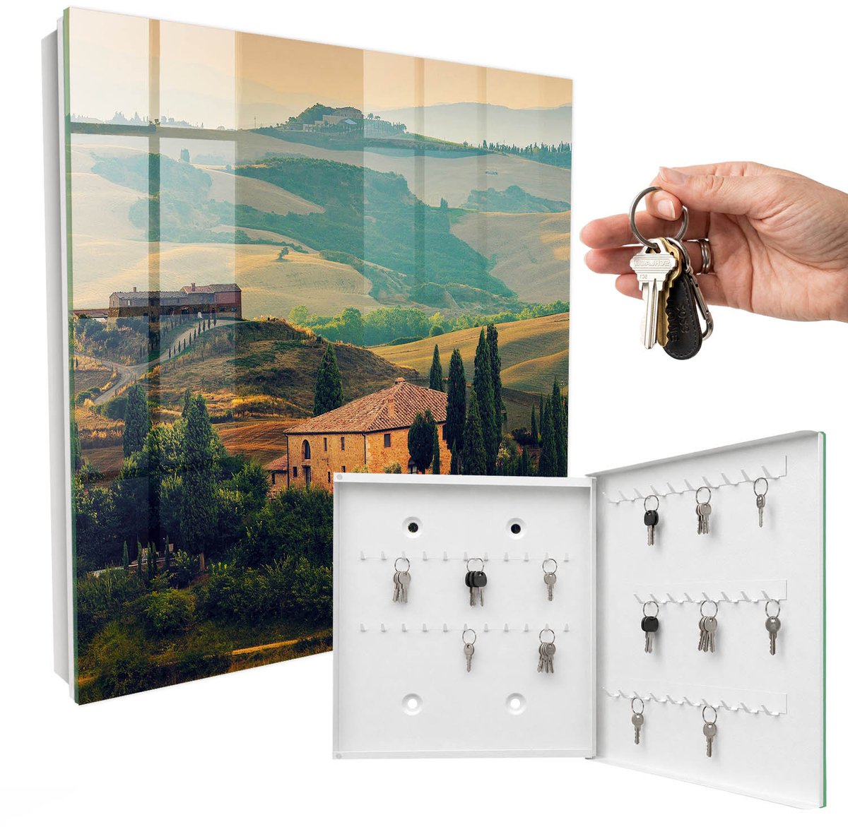 WallMuralia - Sleutelkast - 30x30x5 cm - met 50 haken - Toscaans Landschap Sleutelkastje Binnen - Groente Sleutelbox - Rechtsopenend - Wit interieur