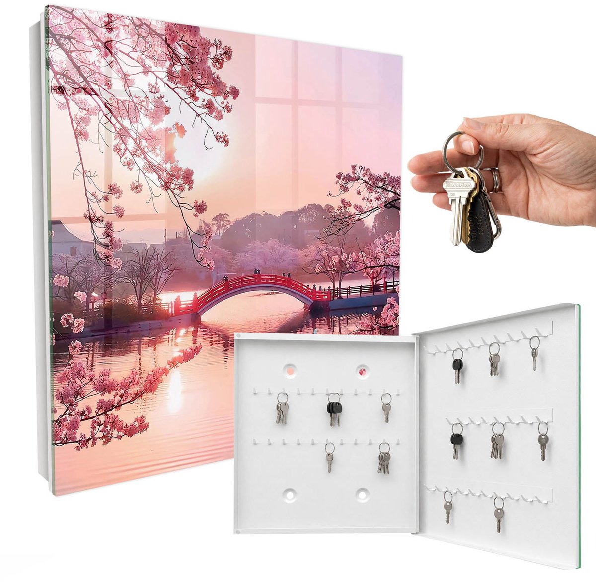 WallMuralia - Sleutelkast - 30x30x5 cm - met 50 haken - Lentebrug Leuk Sleutelkastje - Roze Sleutelbox - Rechtsopenend - Wit interieur