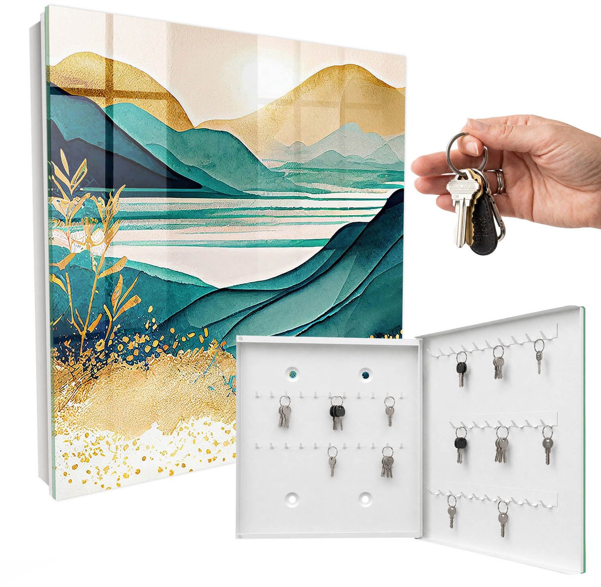 WallMuralia - Sleutelkast - 30x30x5 cm - met 50 haken - Turkooizen Bergen Leuk Sleutelkastje - Turkoois Sleutelbox - Rechtsopenend - Wit interieur