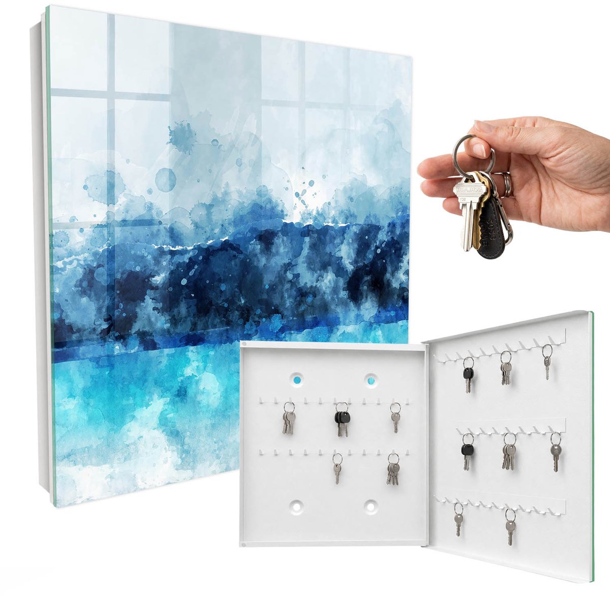 WallMuralia - Sleutelkast - 30x30x5 cm - met 50 haken - Turkoois Landschap Sleutelkastje - Blauw Sleutelbox - Rechtsopenend - Wit interieur