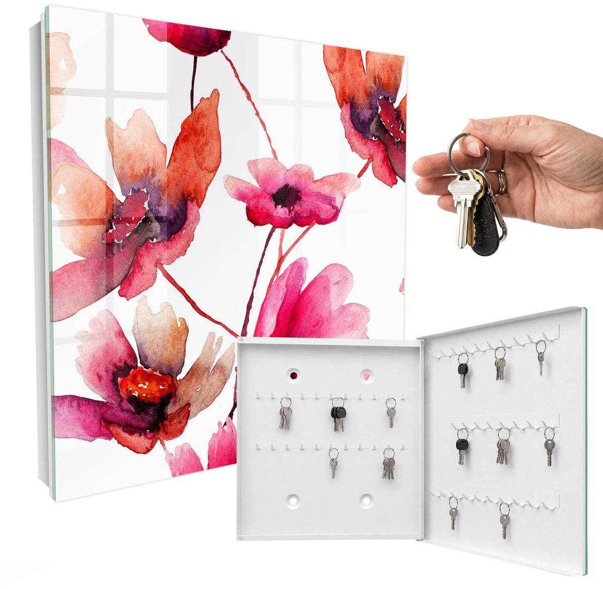 WallMuralia - Sleutelkast - 30x30x5 cm - met 50 haken - Aquarel Bloemen Sleutelkastje Design - Rood Sleutelbox - Rechtsopenend - Wit interieur