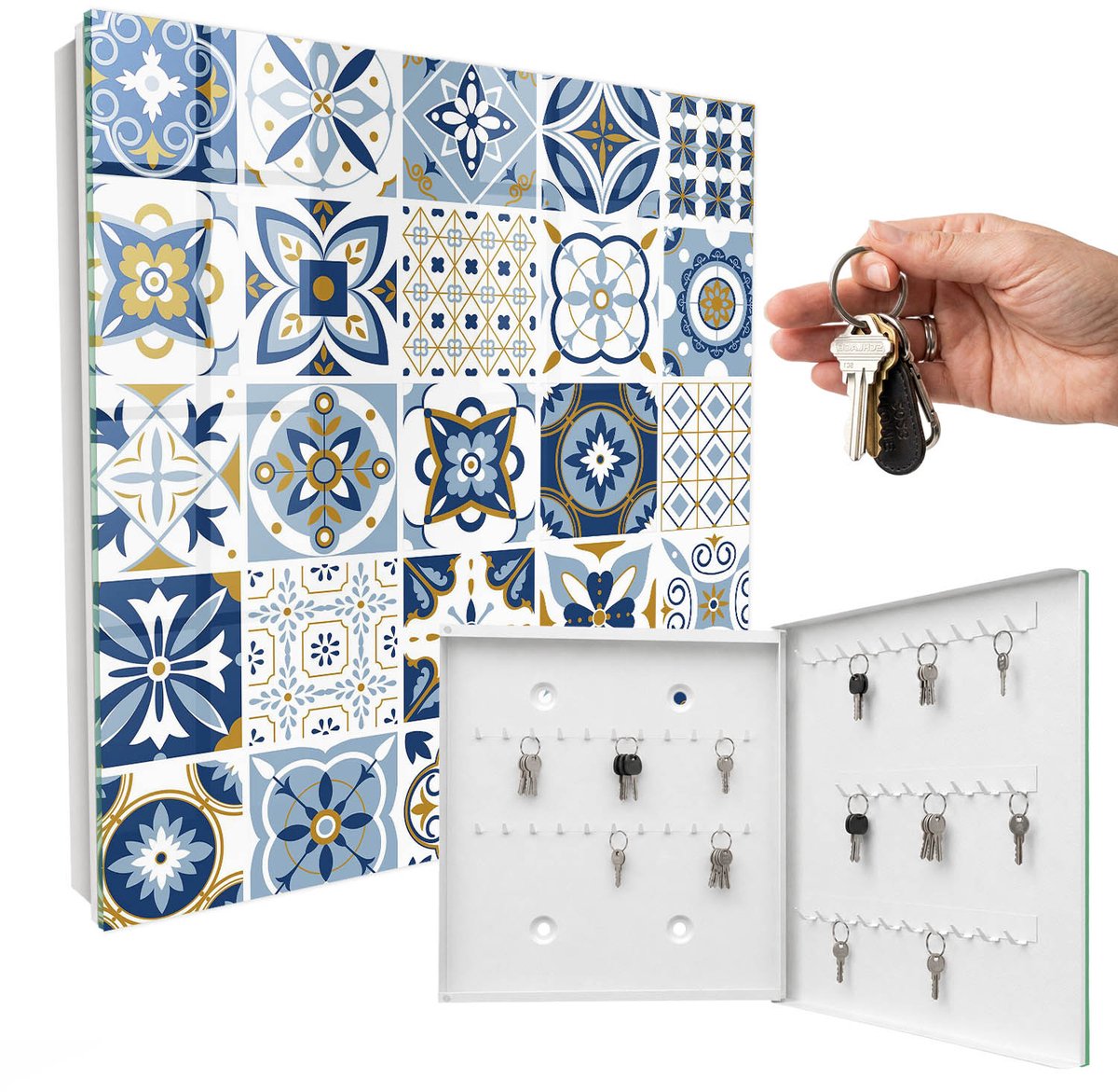 WallMuralia - Sleutelkast - 30x30x5 cm - met 50 haken - Kleurrijke Tegels Sleutelkastje Muur - Blauw Sleutelbox - Rechtsopenend - Wit interieur