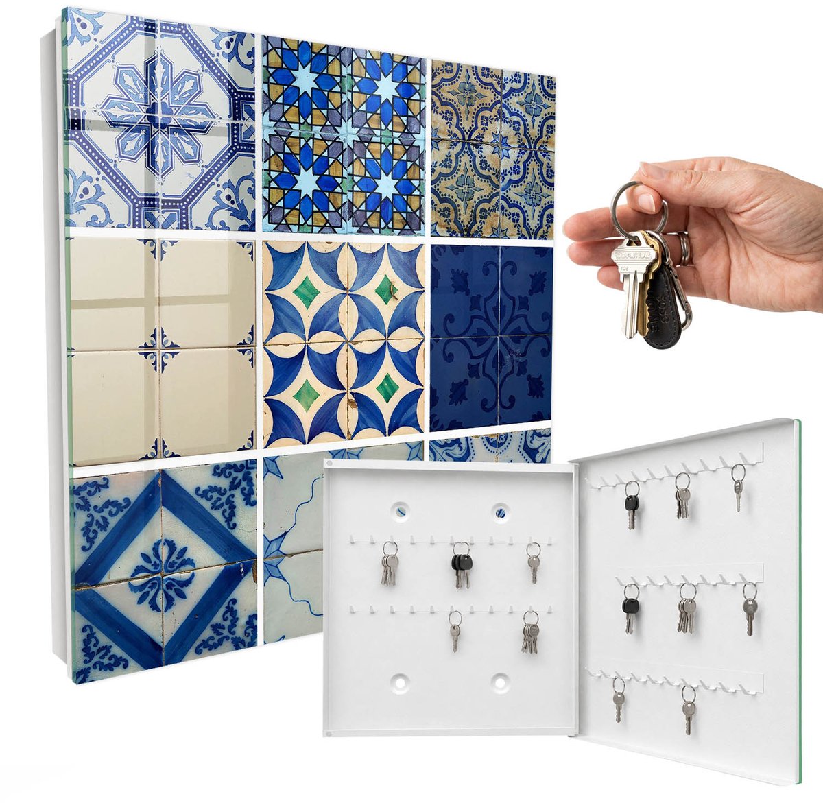 WallMuralia - Sleutelkast - 30x30x5 cm - met 50 haken - Azulejos-Tegels Sleutelkastje Industrieel - Blauw Sleutelbox - Rechtsopenend - Wit interieur