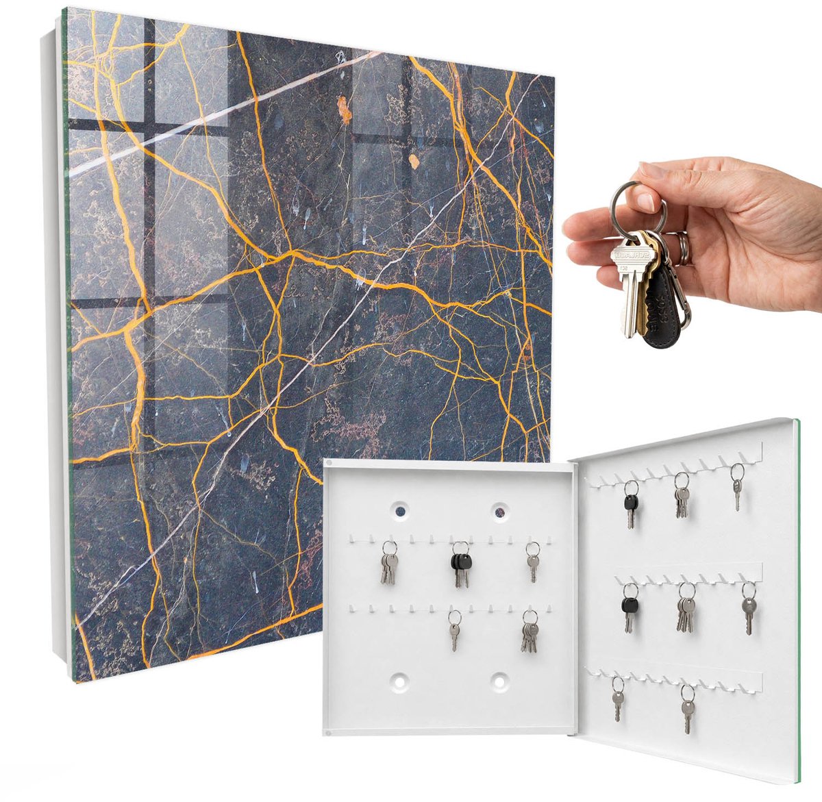 WallMuralia - Sleutelkast - 30x30x5 cm - met 50 haken - Decoratieve Lijnen Sleutelkastje Modern - Geel Sleutelbox - Rechtsopenend - Wit interieur